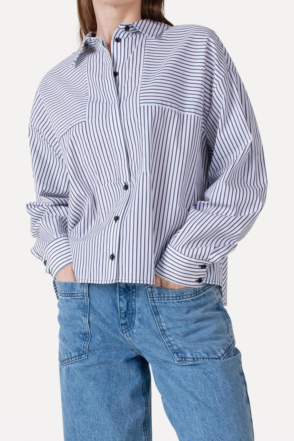 Blauw en witte dames Another-Label blouse van katoen met krijtstreepprint, lange mouwen, klassieke kraag en knoopsluiting