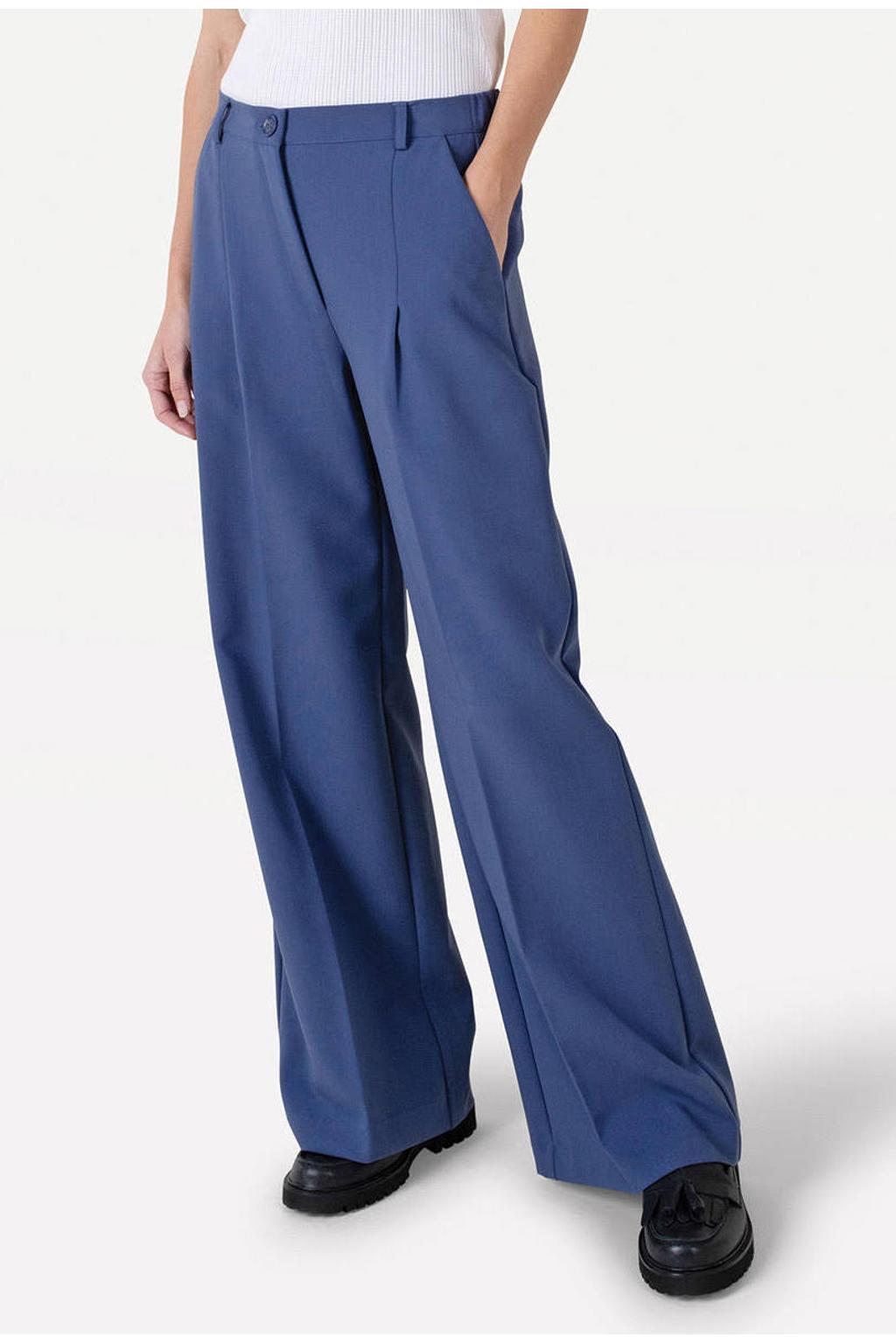 Blauwe dames Another-Label straight high waist broek van polyester met rits- en knoopsluiting en effen