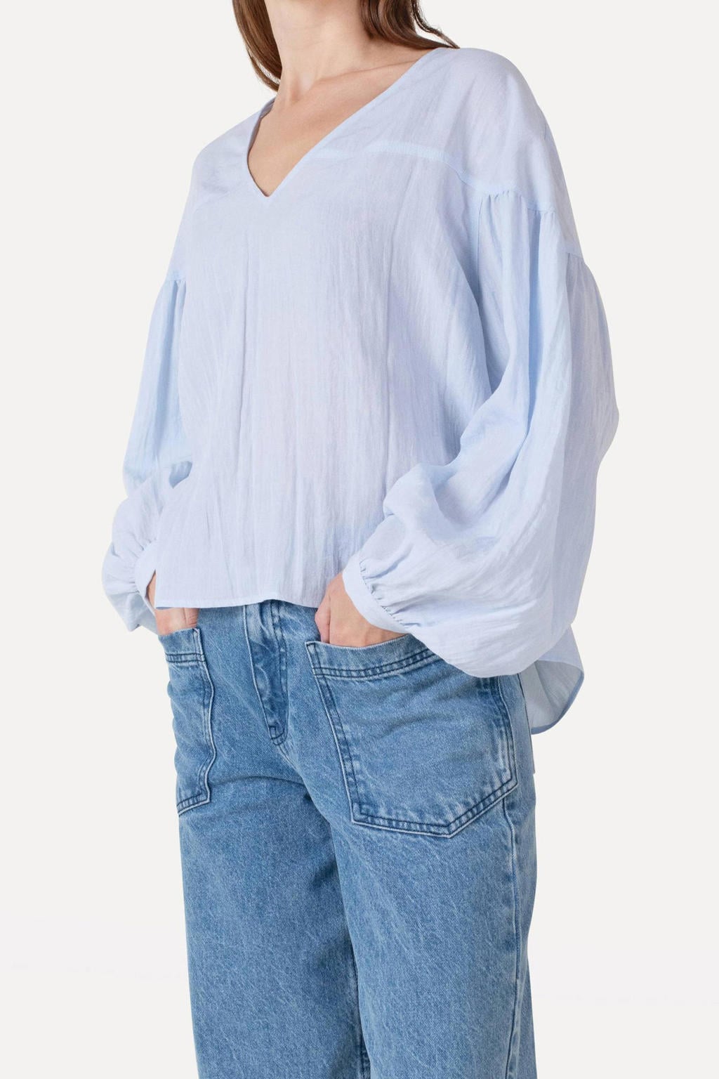Lichtblauwe dames Another-Label top van viscose met effen, lange mouwen en V-hals