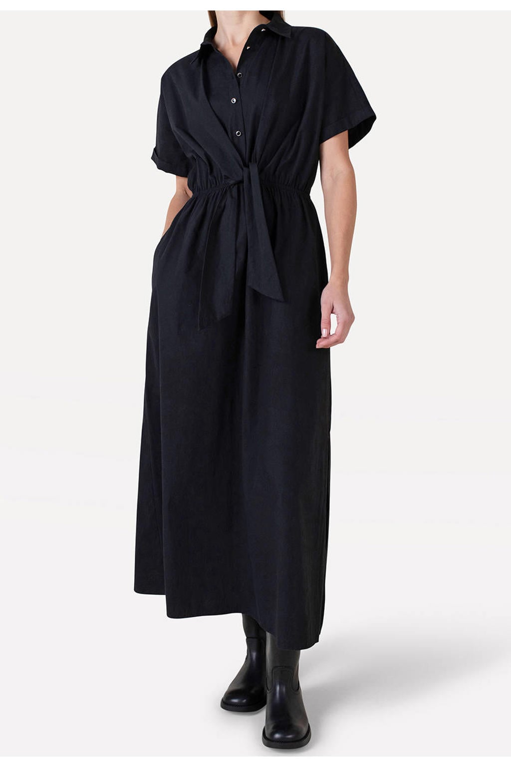 Zwarte dames Another-Label maxi jurk van katoen met effen, korte mouwen, klassieke kraag en knoopsluiting