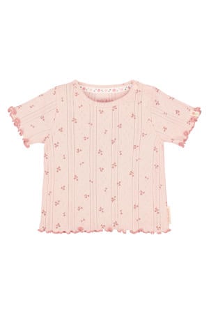 gebloemd T-shirt fijn gebreid lichtroze