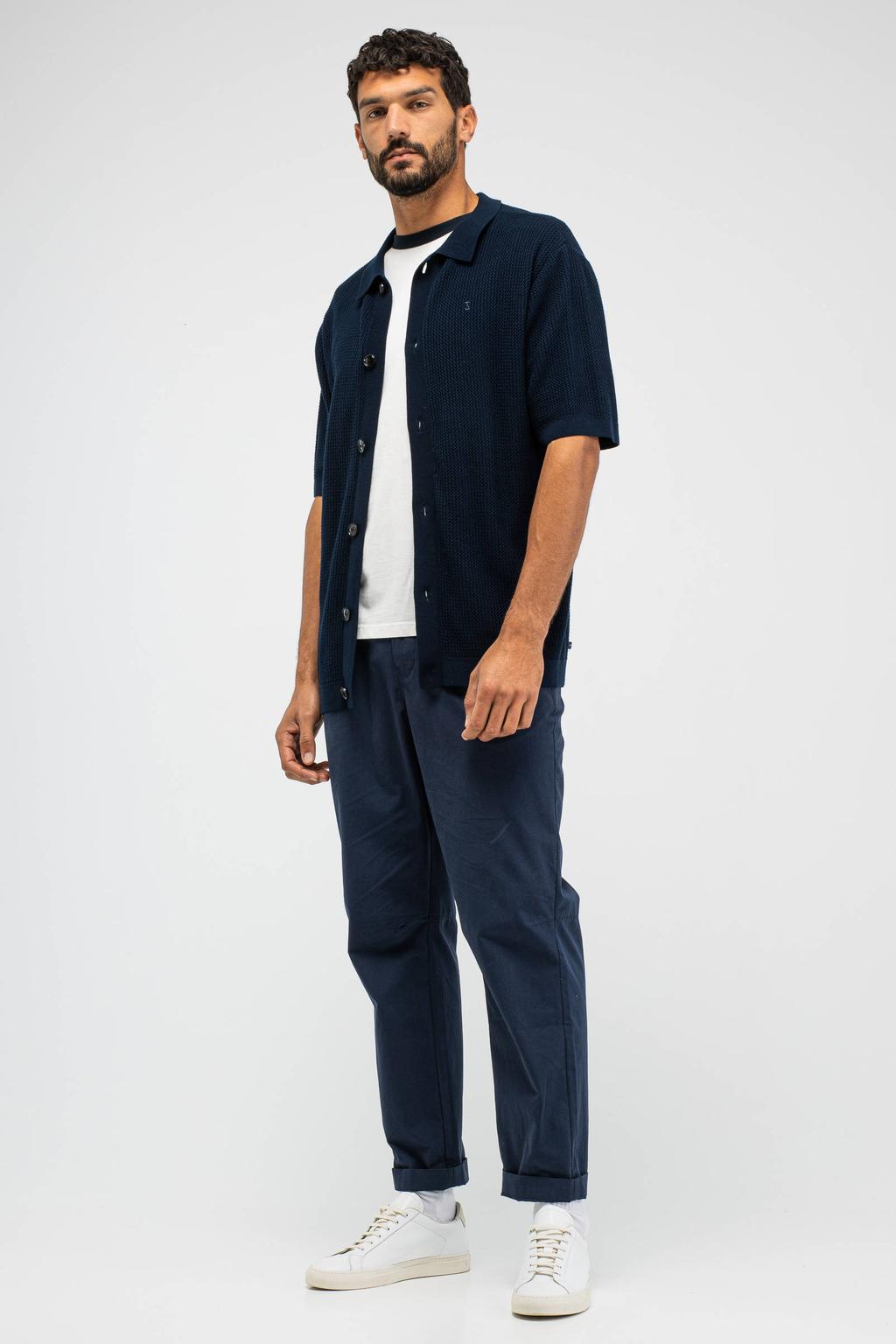 Donkerblauwe heren Butcher of Blue regular casual overhemd gebreid van katoen met effen, korte mouwen, klassieke kraag en knoopsluiting