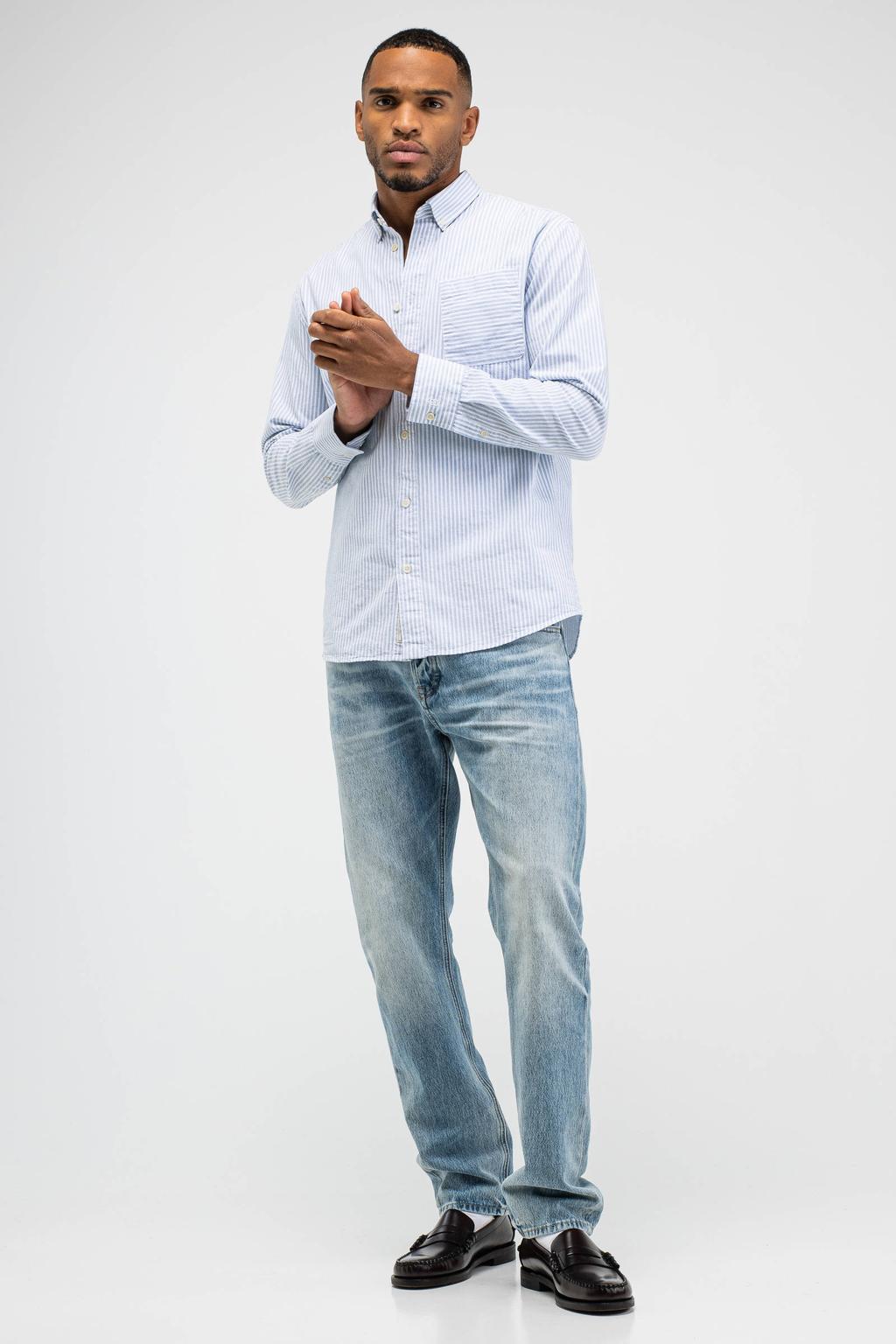 Blauwe heren Butcher of Blue regular gestreepte casual overhemd van linnen met lange mouwen, button down sluiting en knoopsluiting