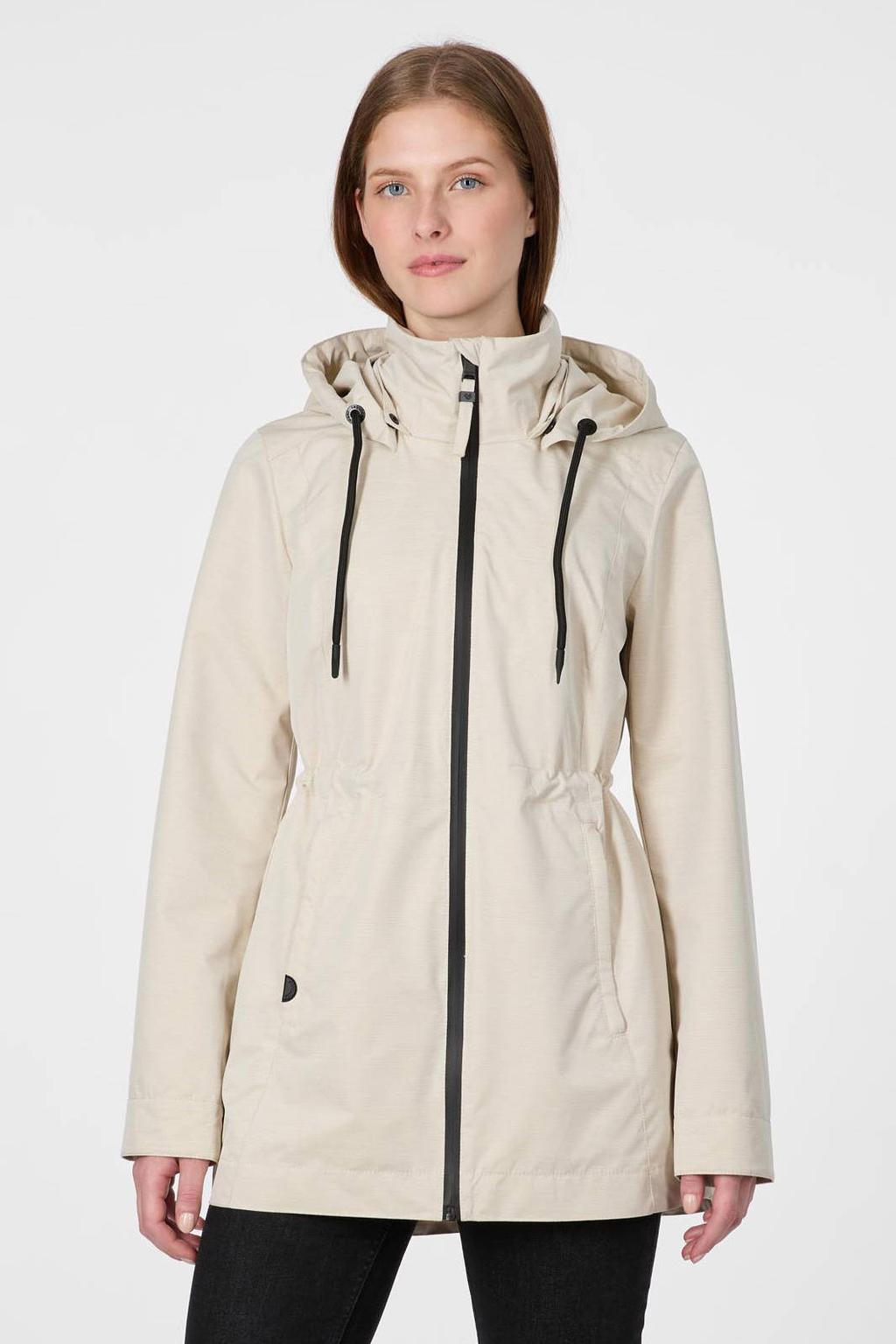 Beige dames Ragwear parka van polyester met effen, lange mouwen, capuchon, knoopsluiting en tunnelkoord