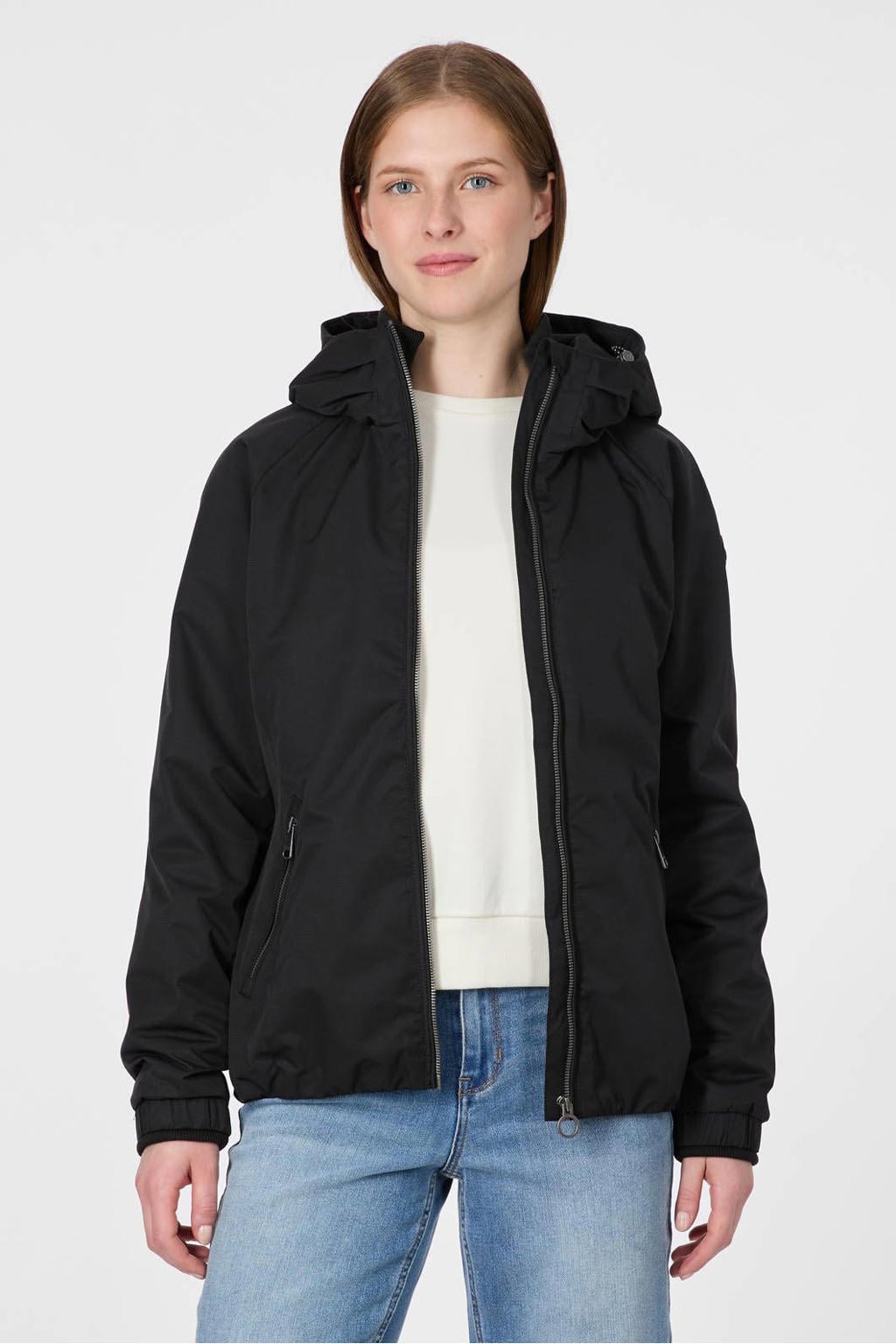 Zwarte dames Ragwear outdoor jas van polyester met effen, lange mouwen, capuchon en knoopsluiting