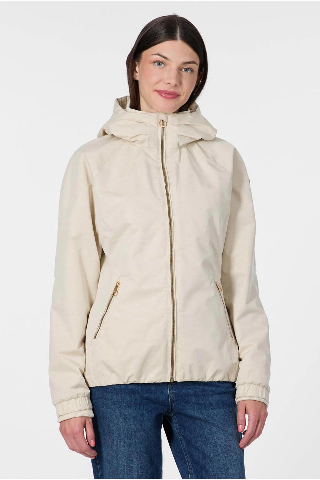 Ecru dames Ragwear outdoor jas van polyester met effen, lange mouwen, capuchon en ritssluiting