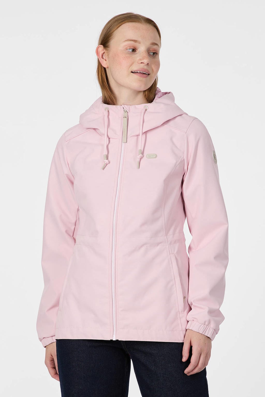 Lichtroze dames Ragwear outdoor jas van polyester met effen, lange mouwen, capuchon, ritssluiting en rijgdetail