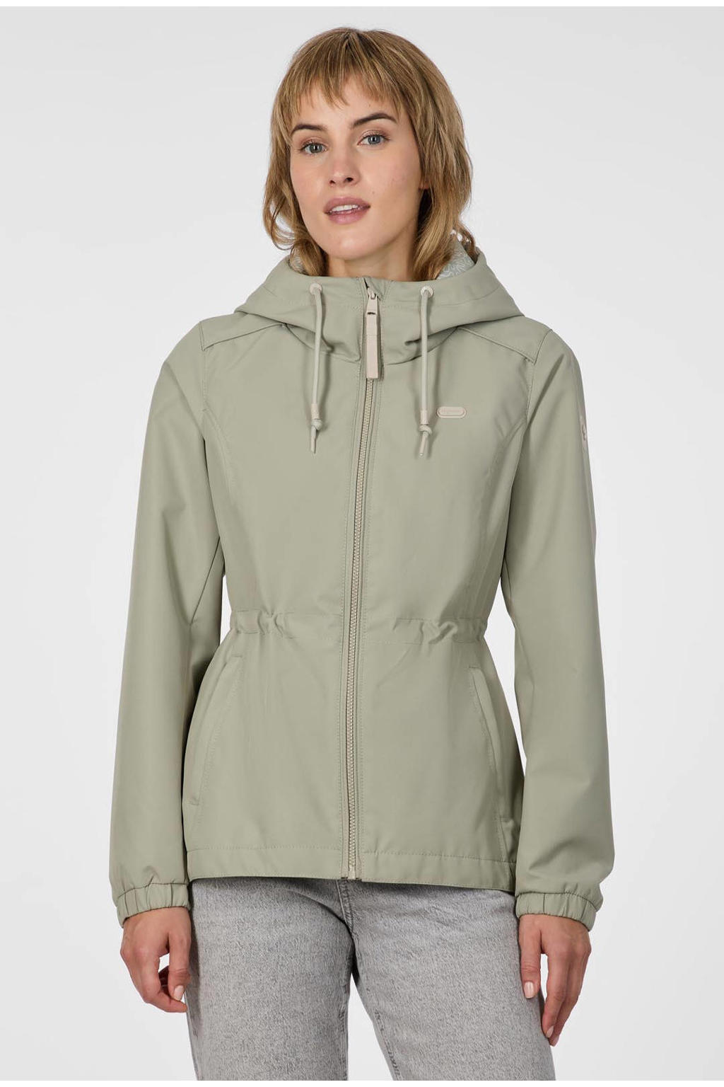 Olijfgroene dames Ragwear parka van polyester met effen, lange mouwen, capuchon, knoopsluiting en rijgdetail