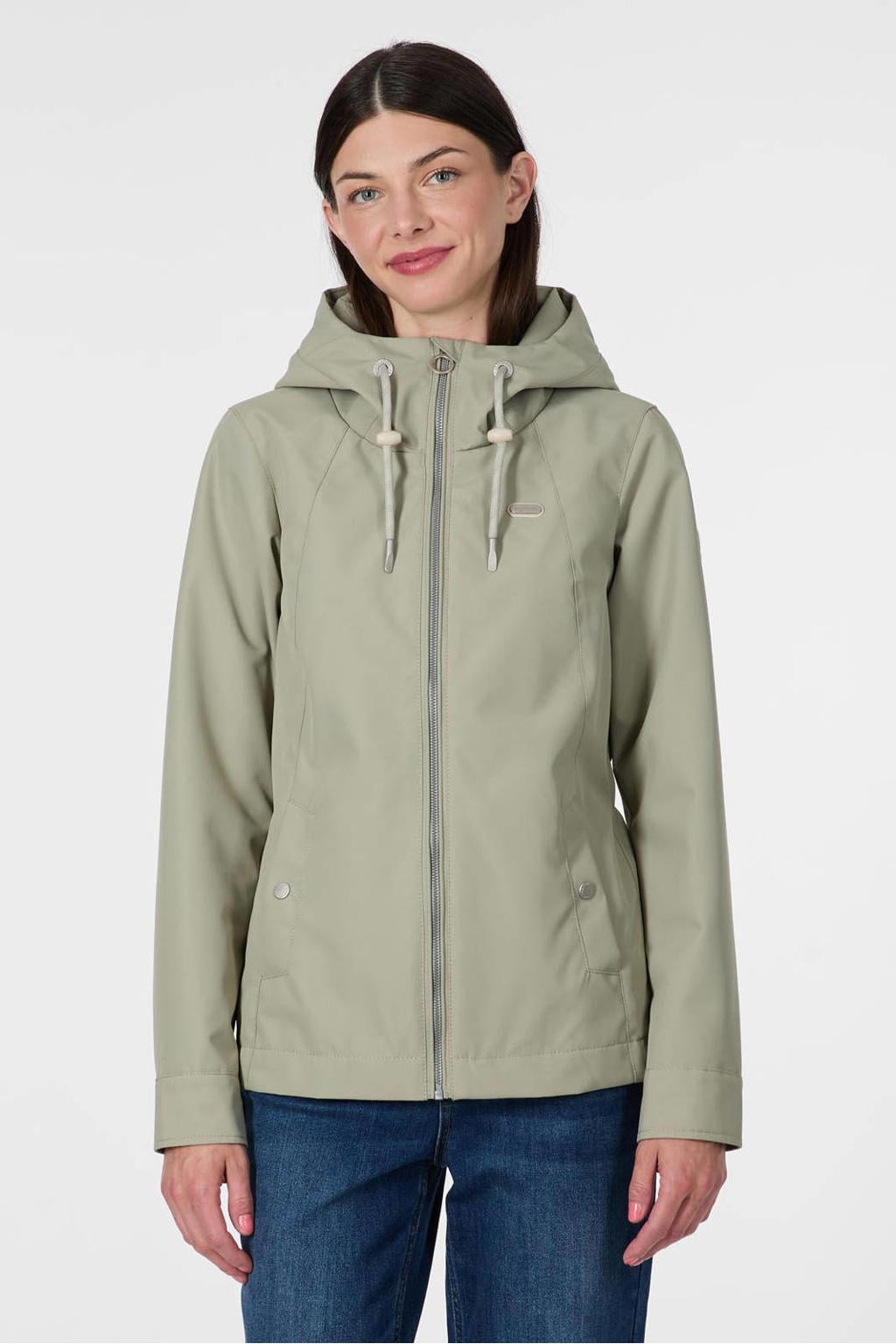 Olijfgroene dames Ragwear outdoor jas van polyester met effen, lange mouwen, capuchon, ritssluiting en tunnelkoord