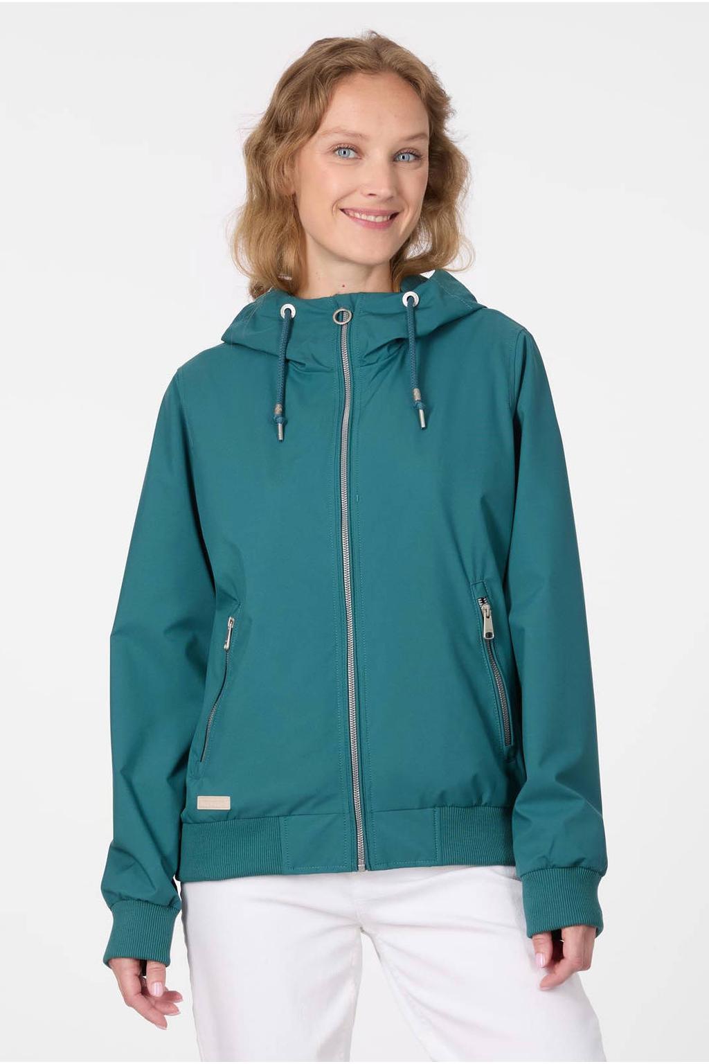 Petrolkleurige dames Ragwear parka van polyester met effen, lange mouwen, capuchon, knoopsluiting en elastische boord