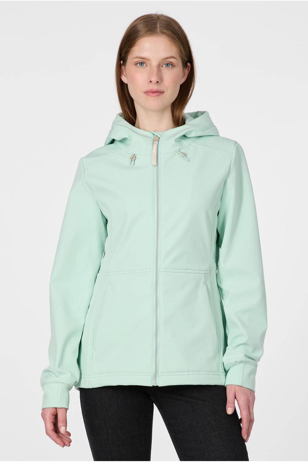 Mintgroene dames Ragwear regenjas van polyester met effen, lange mouwen, capuchon, knoopsluiting en rijgdetail