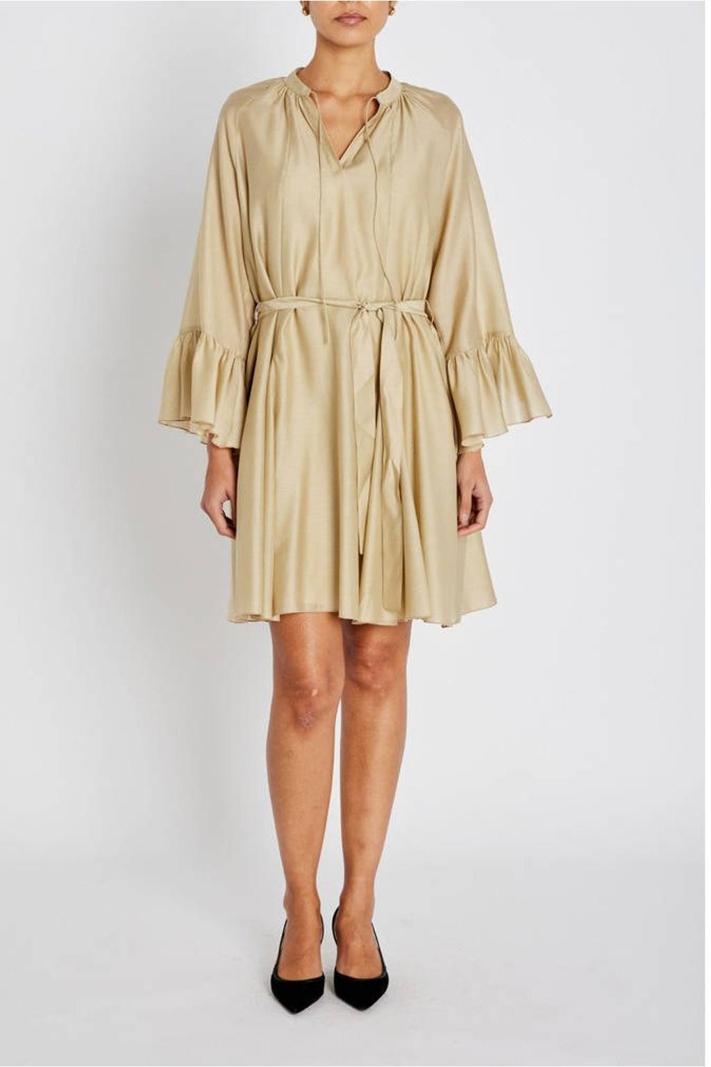 Camelkleurige dames Bruuns Bazaar korte jurk van polyester met effen, driekwart mouwen en V-hals