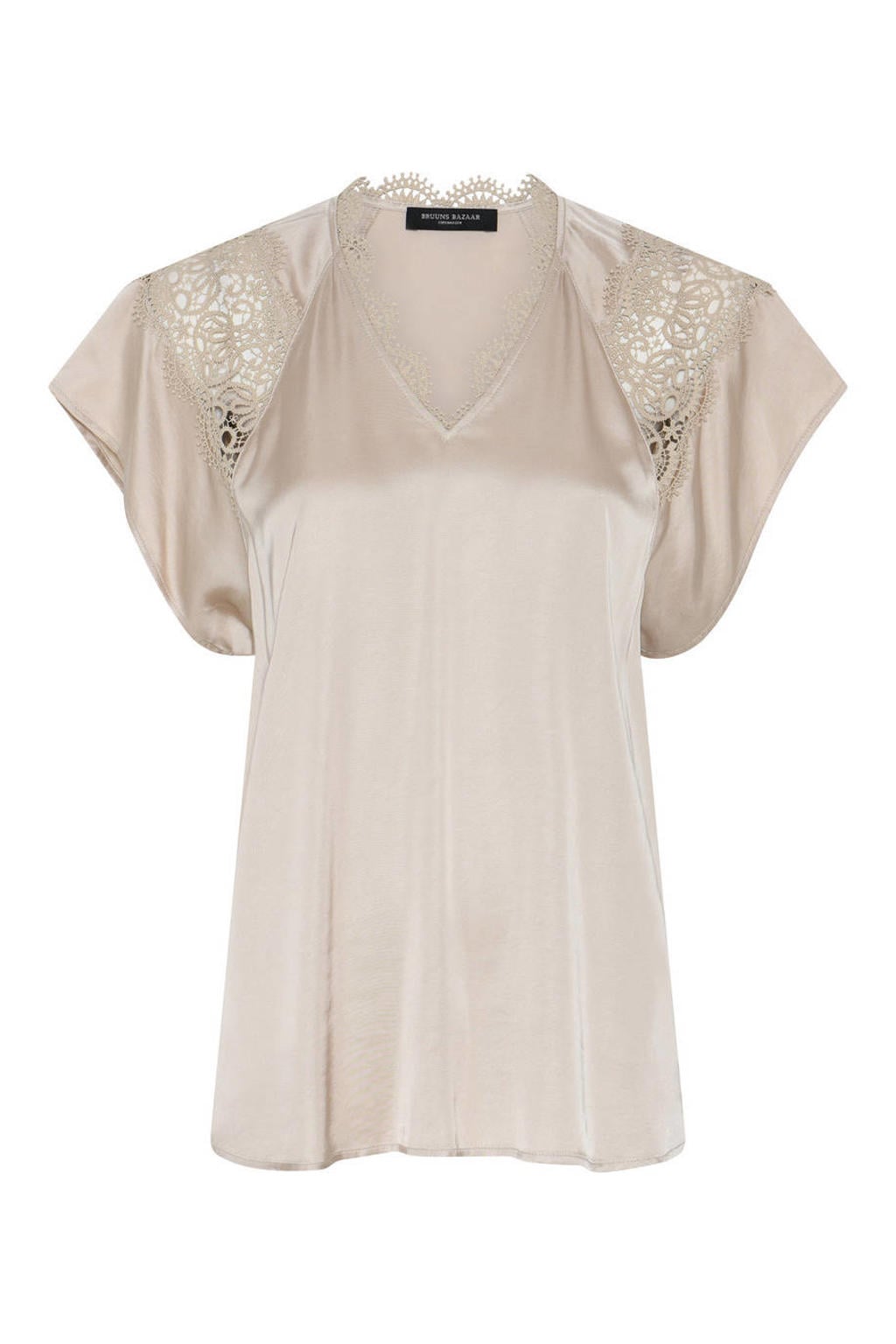 Beige dames Bruuns Bazaar top van viscose met effen, korte mouwen, V-hals en kant