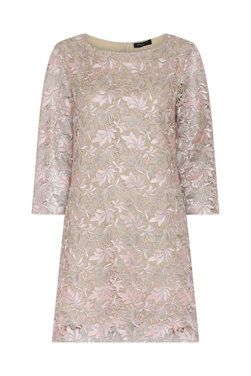 Beige en roze dames Bruuns Bazaar gebloemde avondjurk van polyester met driekwart mouwen, ronde hals en ritssluiting