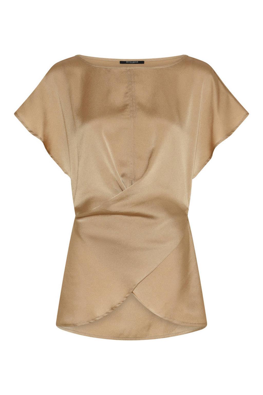 Camelkleurige dames Bruuns Bazaar blouse van viscose met effen, korte mouwen, klassieke kraag en knoopsluiting