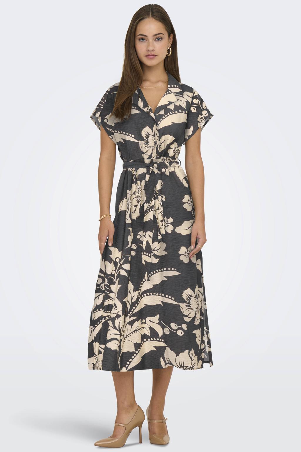 Marineblauw, marine en ecru dames JDY zomerjurk van viscose met korte mouwen en V-hals