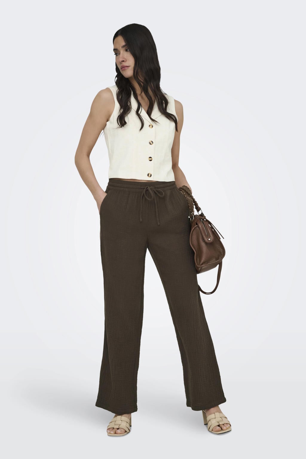 Ecru dames JDY gilet van katoen met effen, klassieke kraag, knoopsluiting en geweven detail