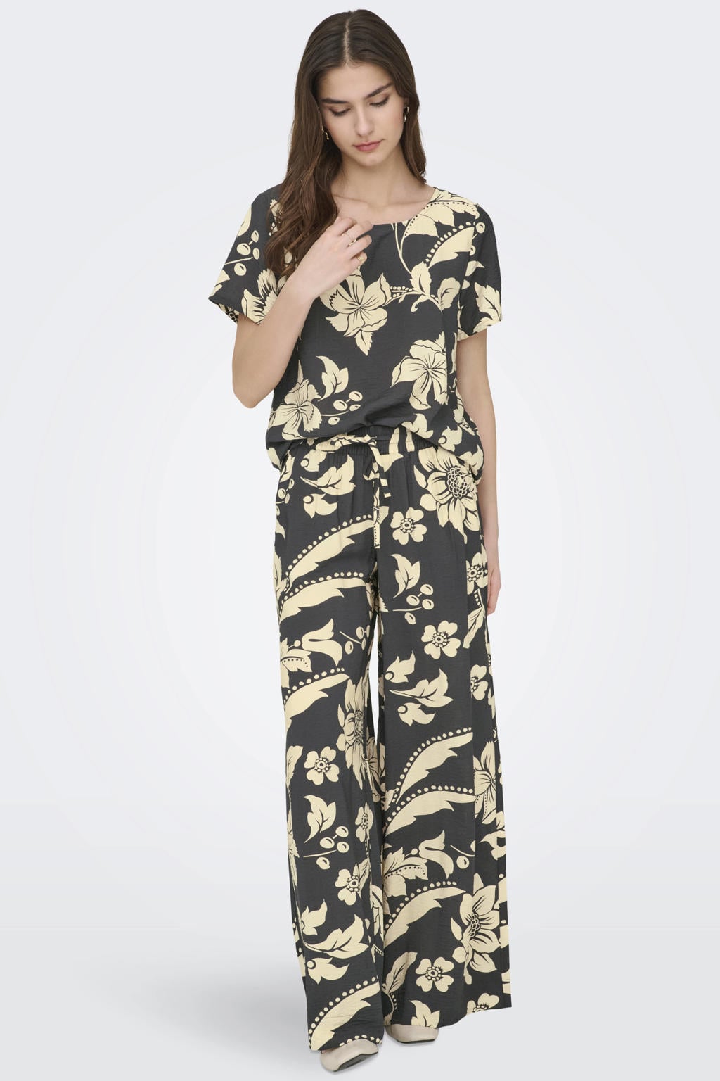 Marine en ecru dames JDY wide leg regular waist gebloemde palazzo broek blauw van viscose