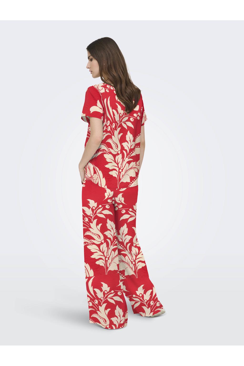 Rood en ecru dames JDY top van viscose met korte mouwen, ronde hals en geweven detail