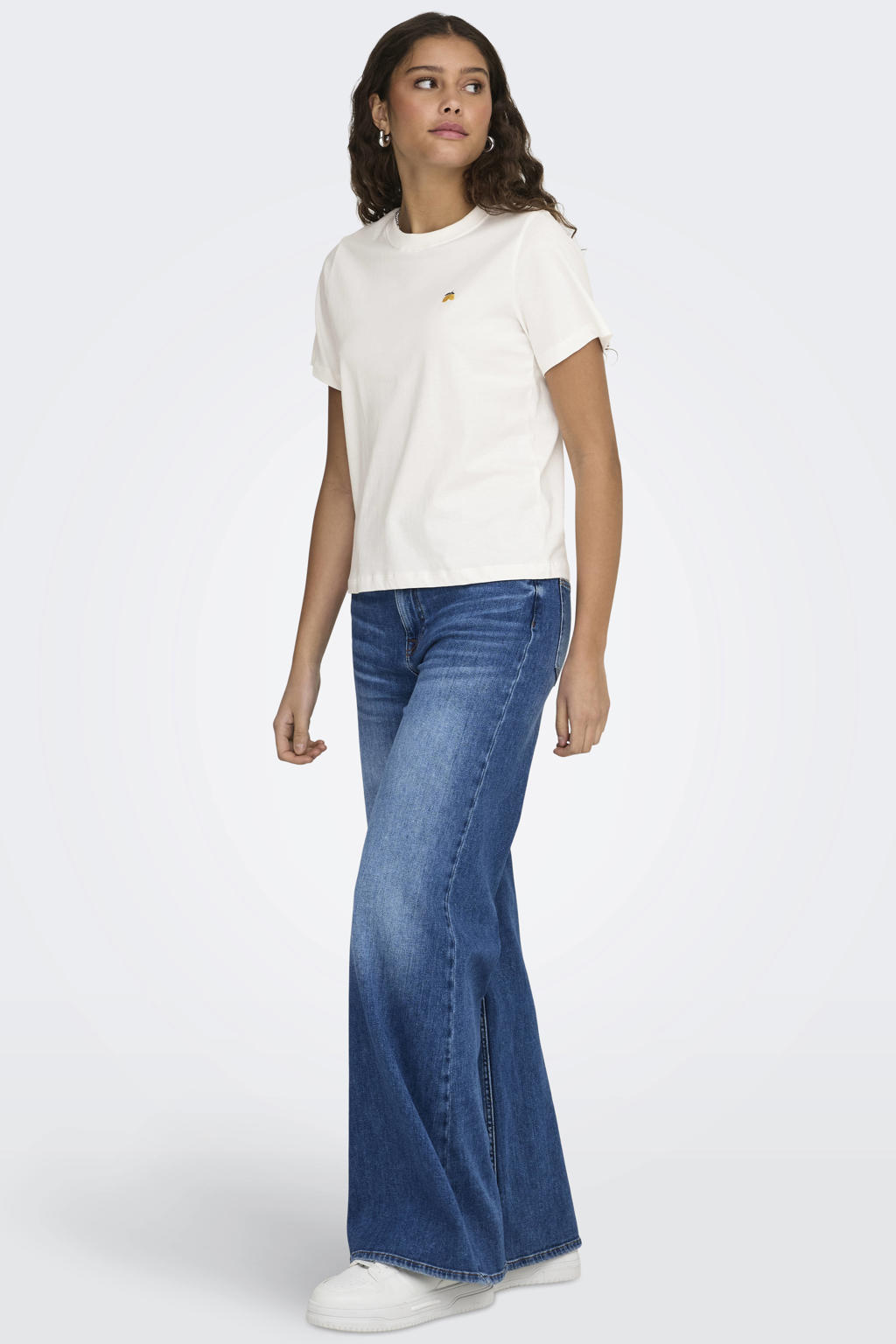 Ecru en gele dames JDY T-shirt van katoen met effen, korte mouwen, ronde hals en borduursels