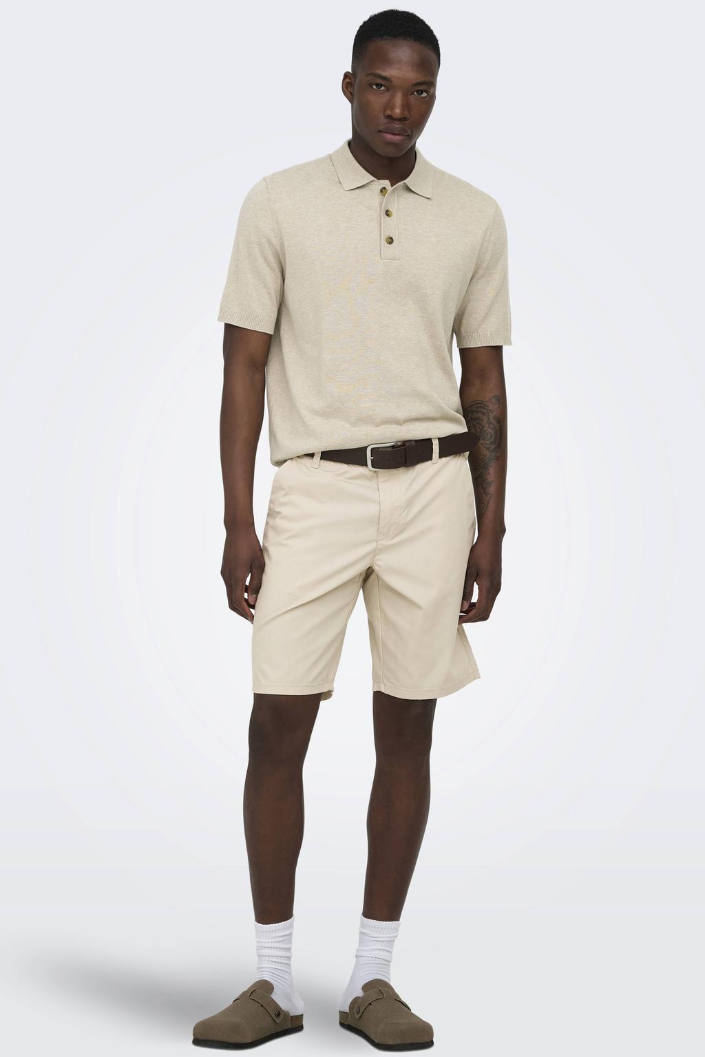 Beige heren ONLY & SONS regular polo fijn gebreid van katoen met melée print en korte mouwen
