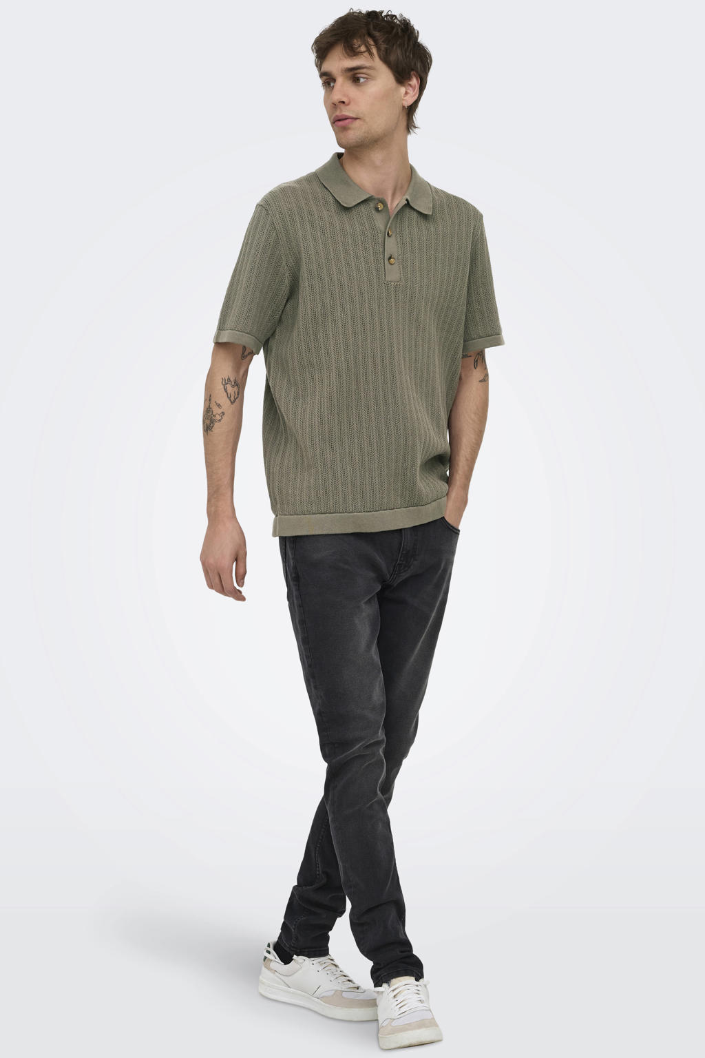 Kakikleurige heren ONLY & SONS regular polo patroon met effen, korte mouwen en knoopsluiting