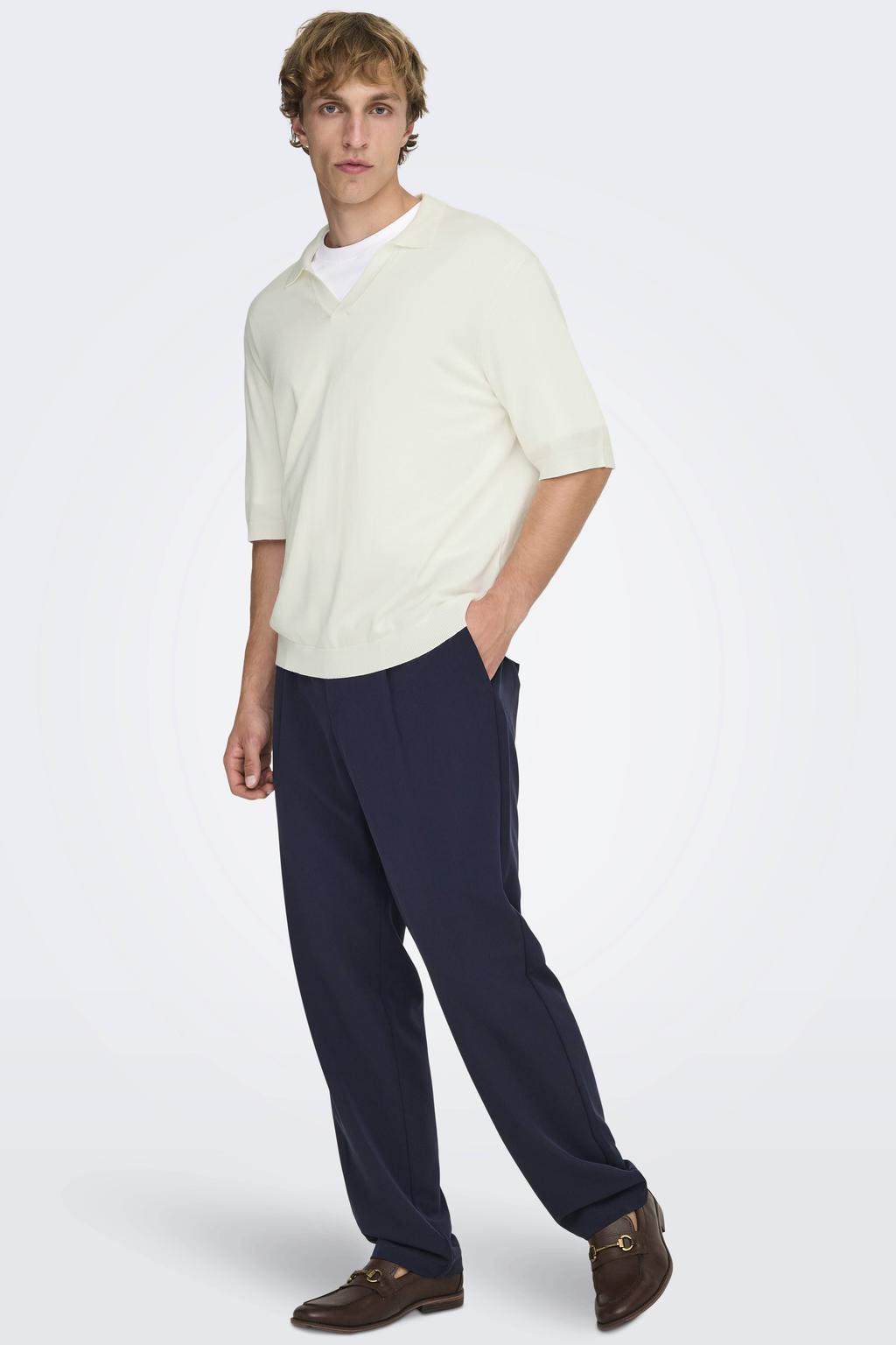 Ecru heren ONLY & SONS relaxed polo gebreid van viscose met effen en korte mouwen