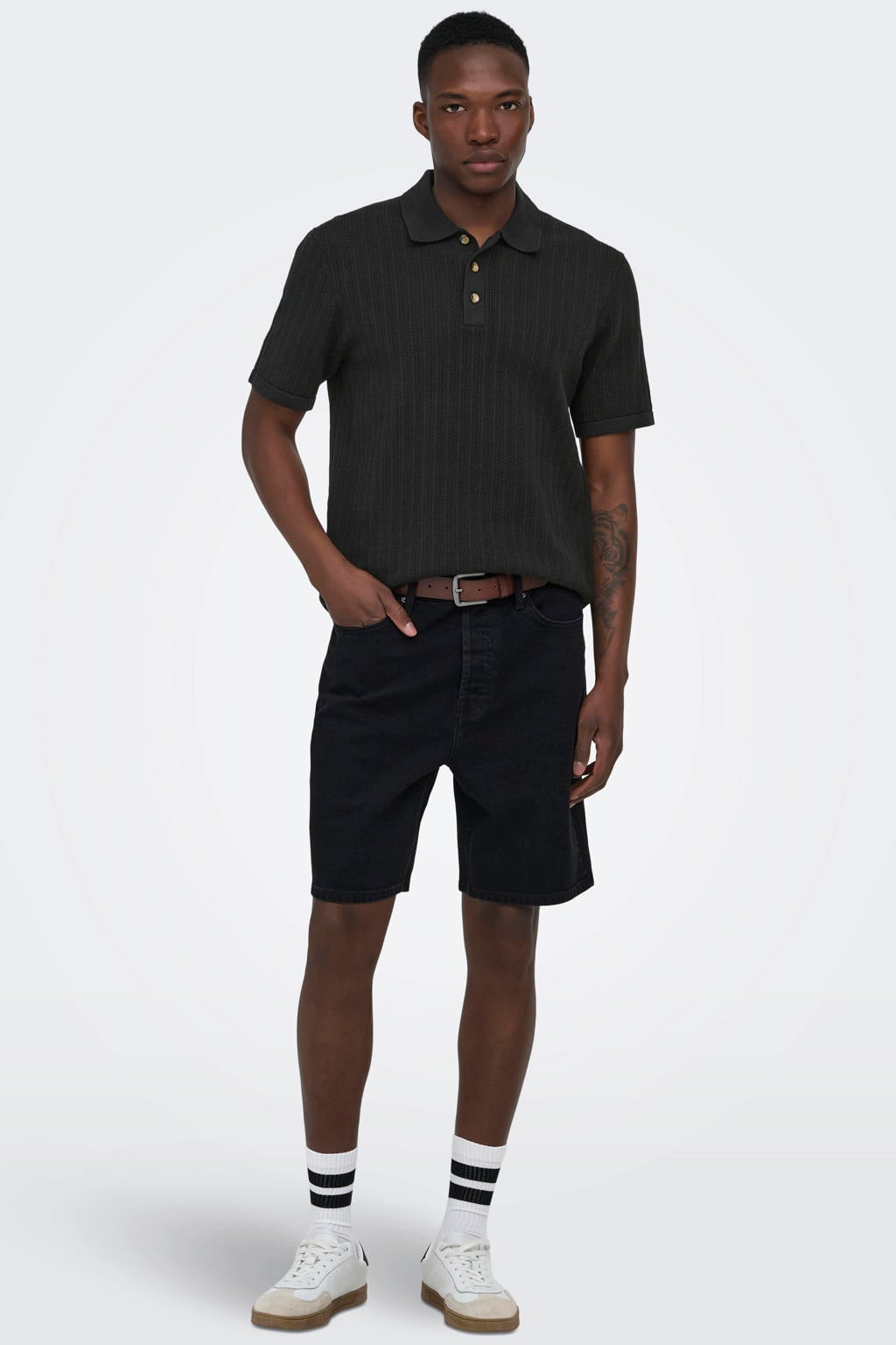 Zwarte heren ONLY & SONS regular polo patroon met effen, korte mouwen en knoopsluiting