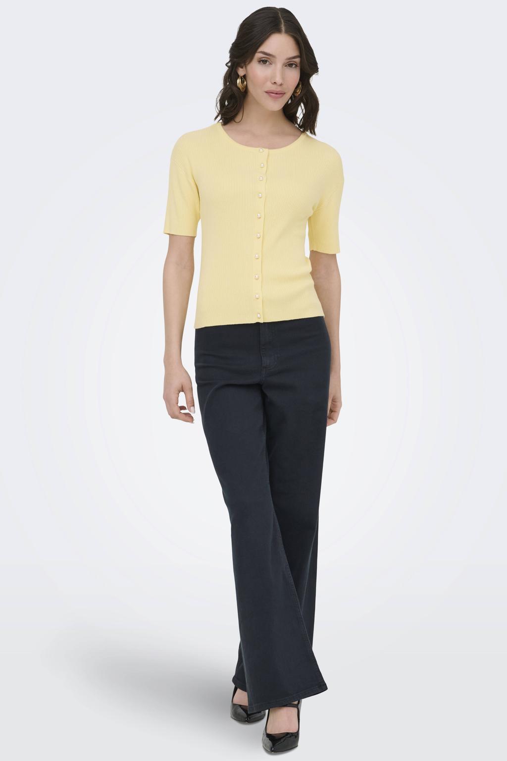 Lichtgele dames JDY vest gebreid van modal met effen, korte mouwen, ronde hals en knoopsluiting