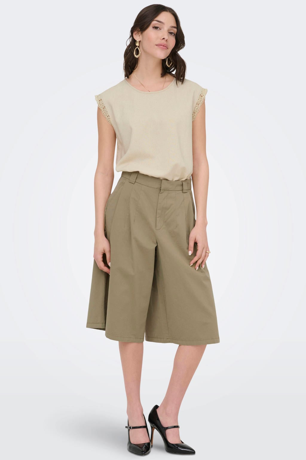 Beige dames JDY top van modal met effen, korte mouwen, ronde hals en geweven detail