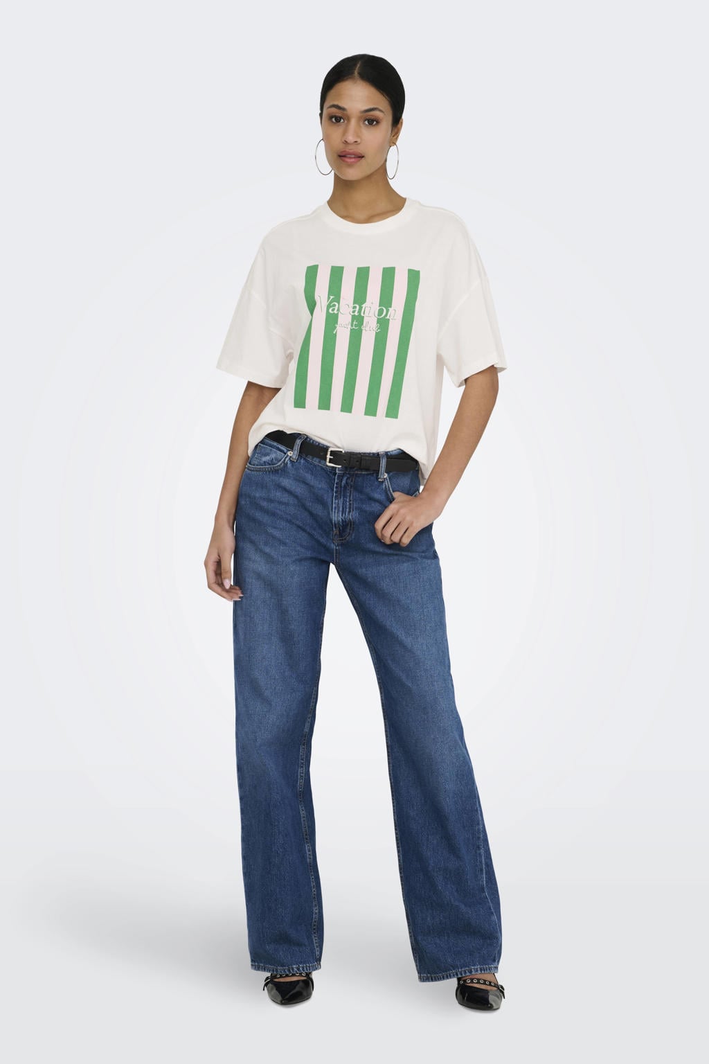 Wit en groene dames JDY jersey T-shirt met printopdruk, korte mouwen en ronde hals