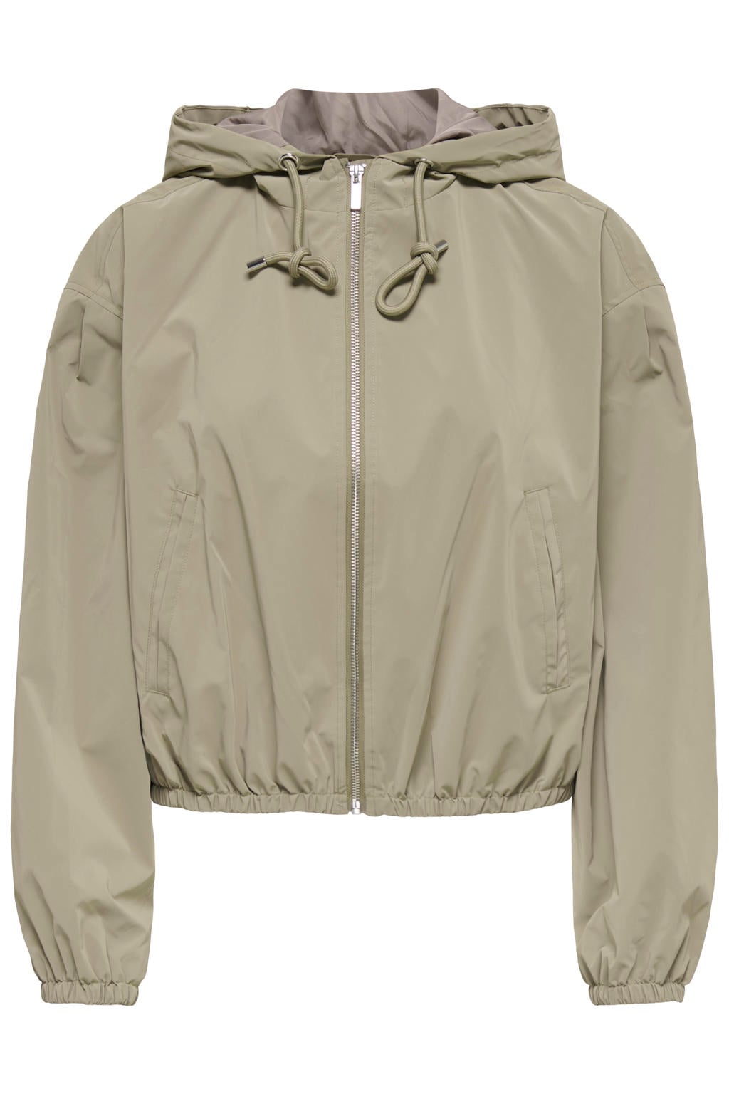 Lichtgroene dames JDY bomberjack van polyester met effen, lange mouwen, capuchon, ritssluiting en elastische boord