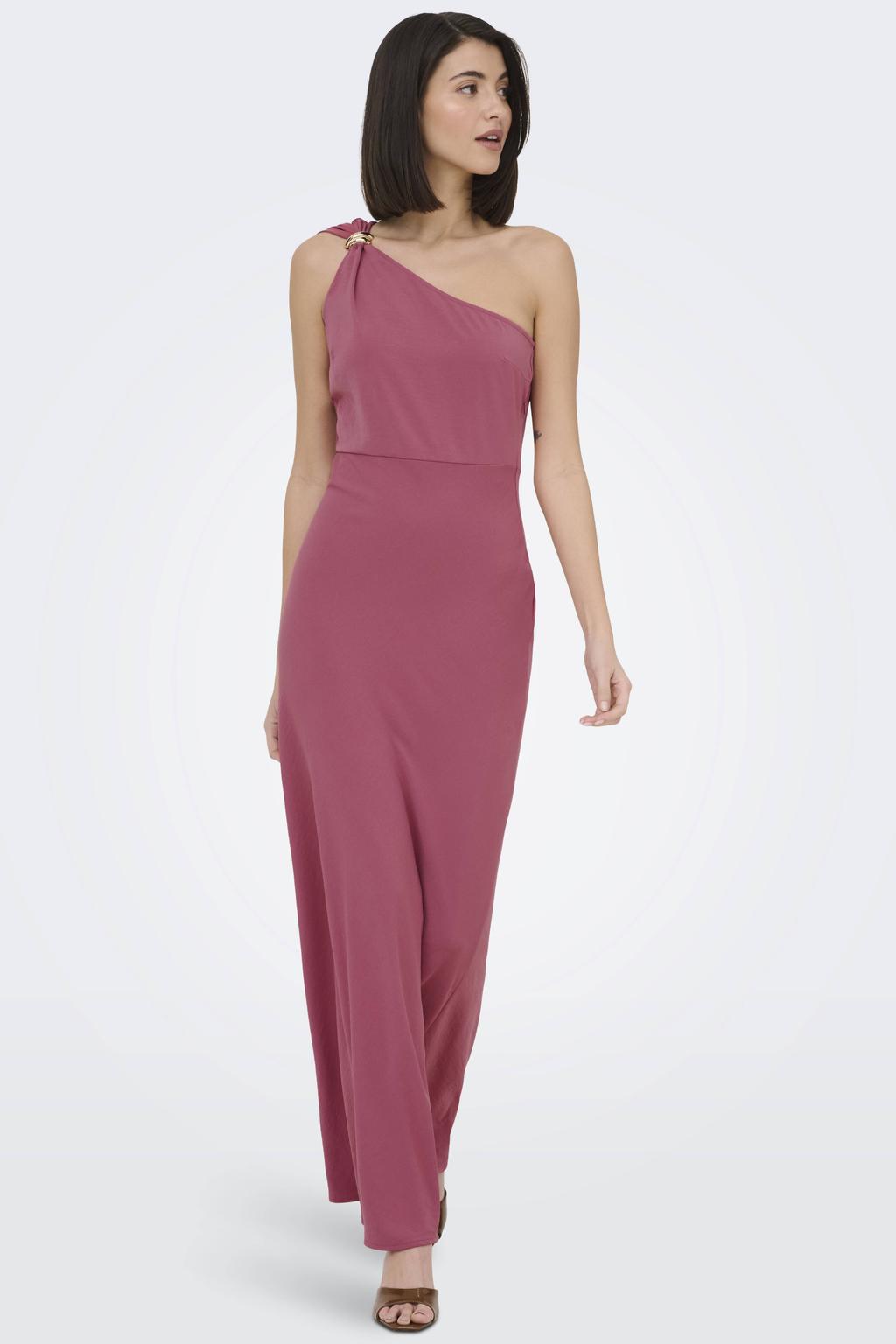Roze dames JDY maxi jurk gebreid van polyester met effen en one shoulder