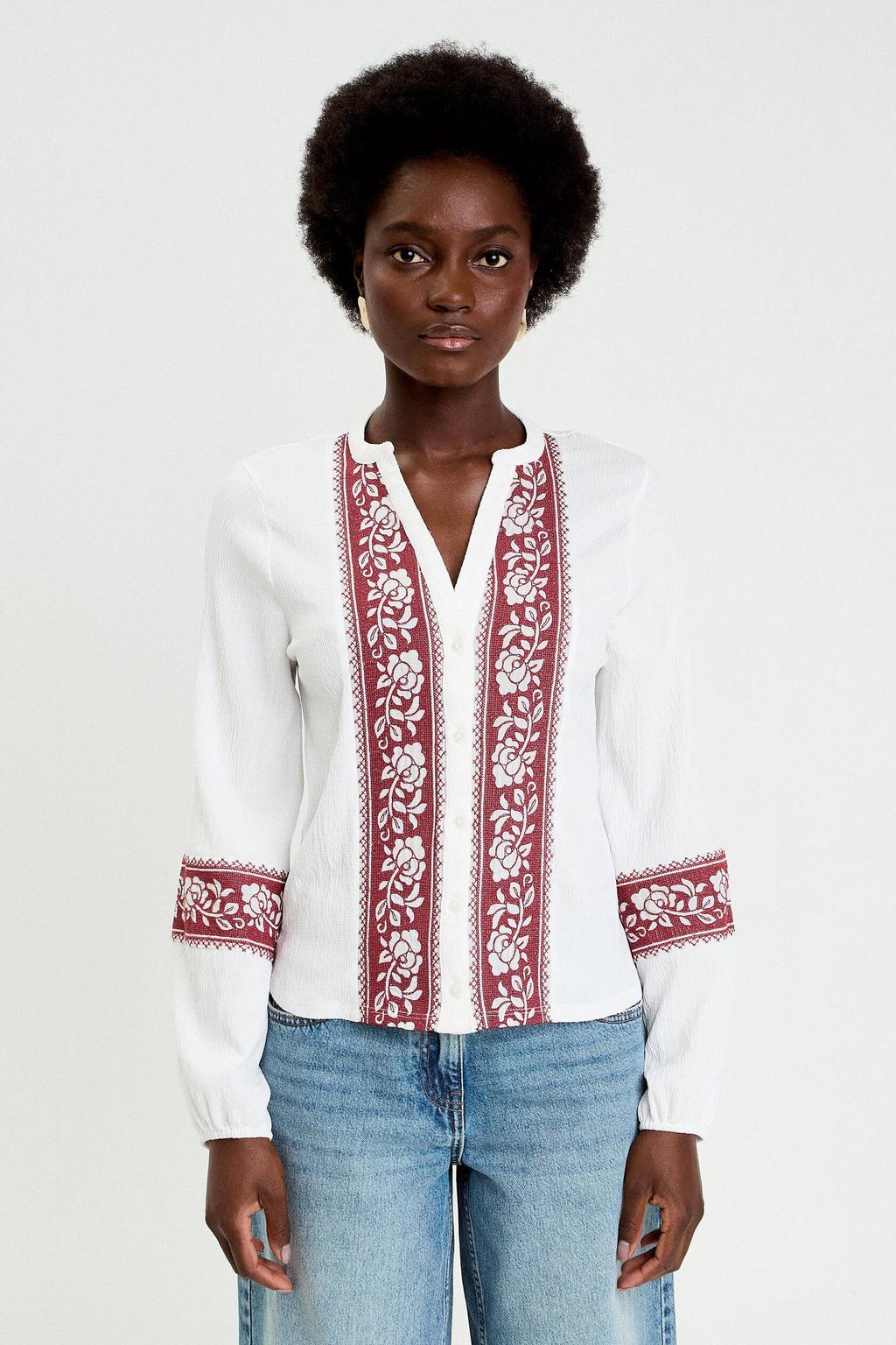 Ecru en rode dames Cache Cache gebloemde blouse van polyester met lange mouwen, V-hals en knoopsluiting