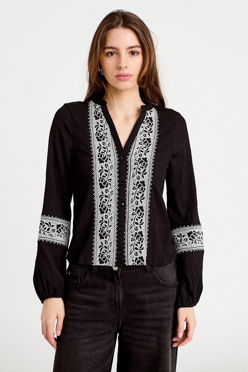 Zwart en witte dames Cache Cache gebloemde blouse van polyester met lange mouwen, V-hals en knoopsluiting