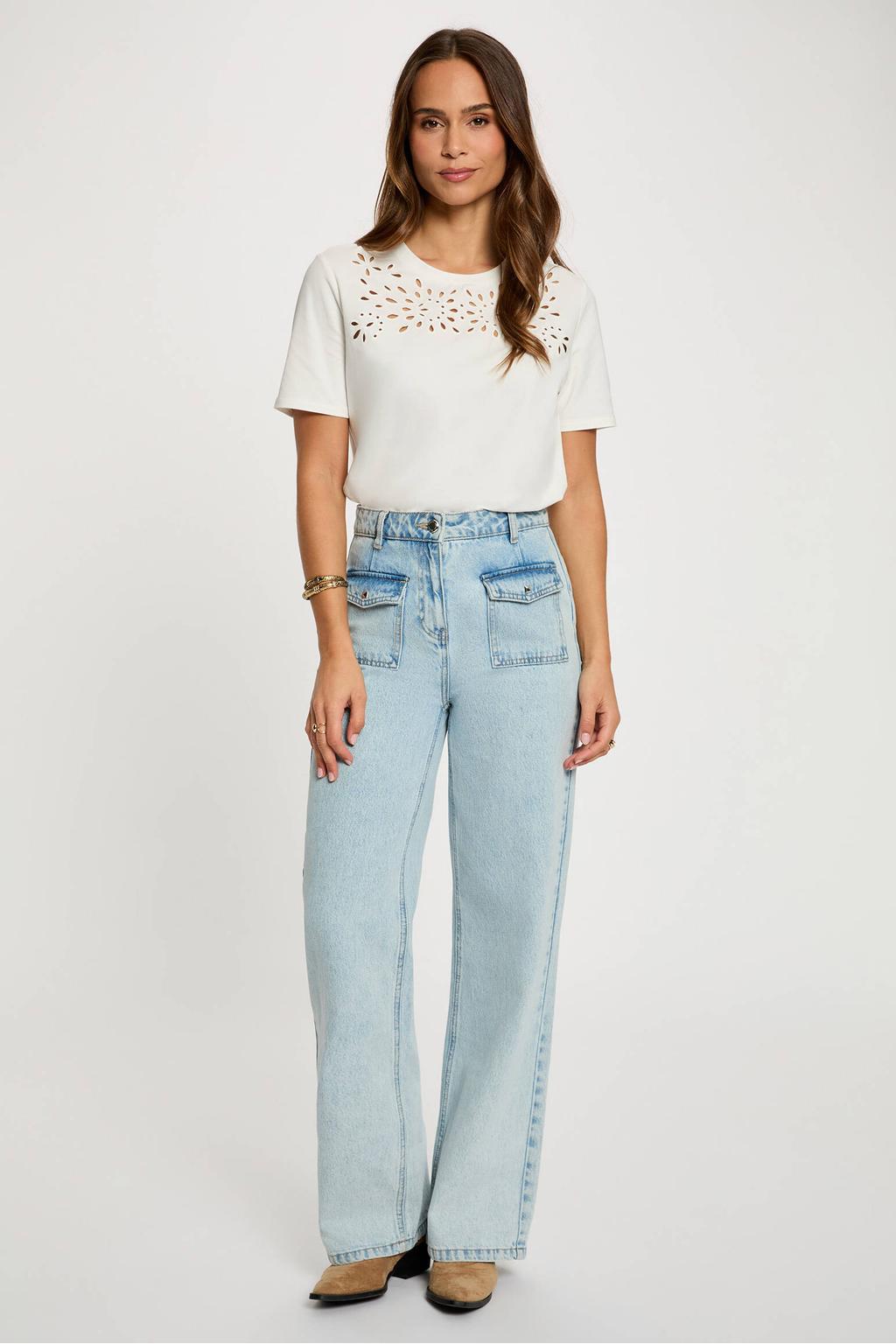 Witte dames Morgan T-shirt van stretchkatoen met effen, korte mouwen, ronde hals en borduursels