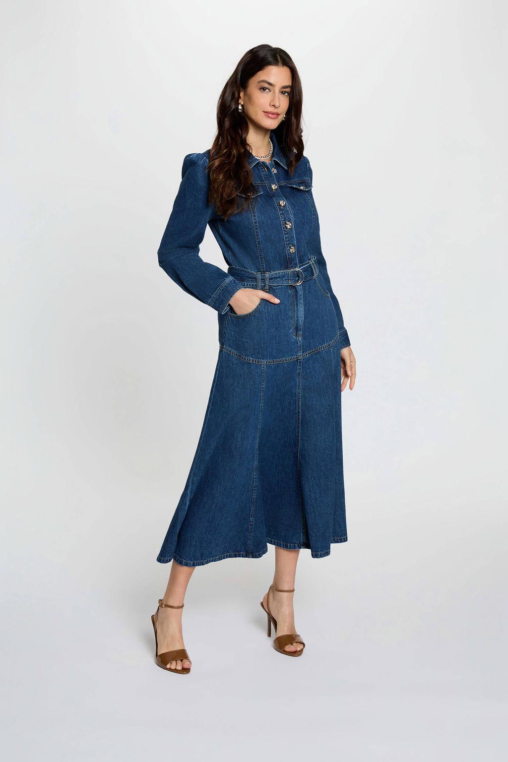 Dark blue denim dames Morgan A-lijn jurk dark blue van denim met effen, lange mouwen en klassieke kraag
