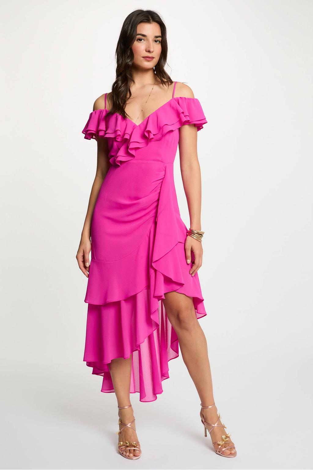 Fuchsia dames Morgan jurk van polyester met effen, spaghettibandjes, V-hals, ritssluiting en plooien