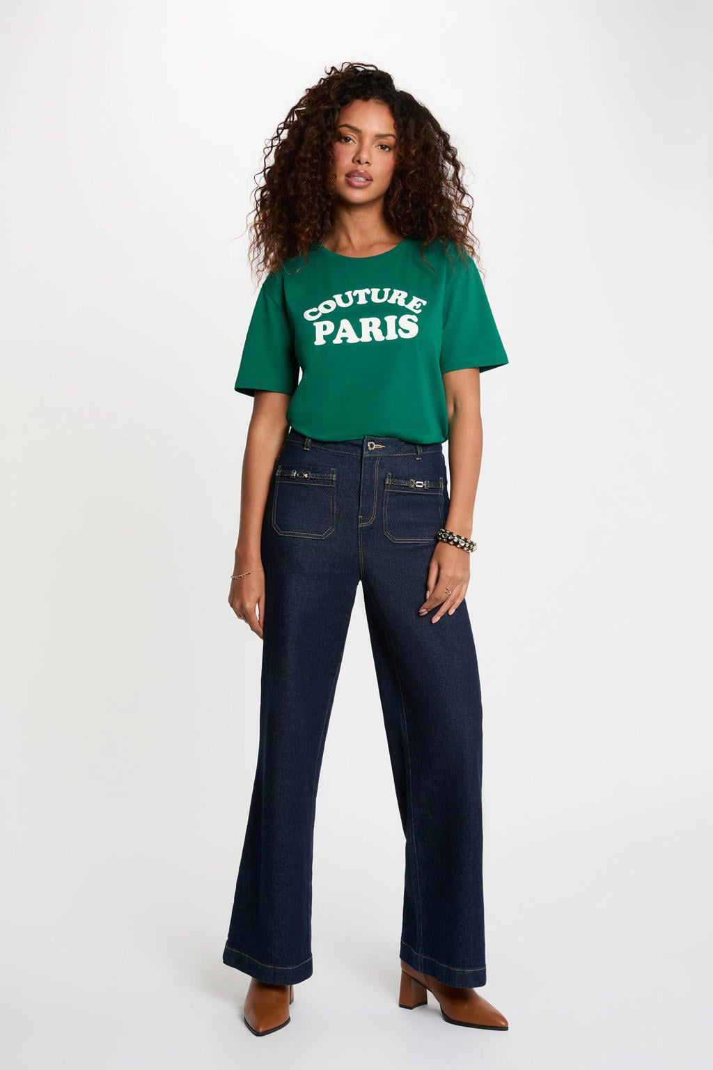 Groene dames Morgan T-shirt van katoen met tekst print, korte mouwen en ronde hals