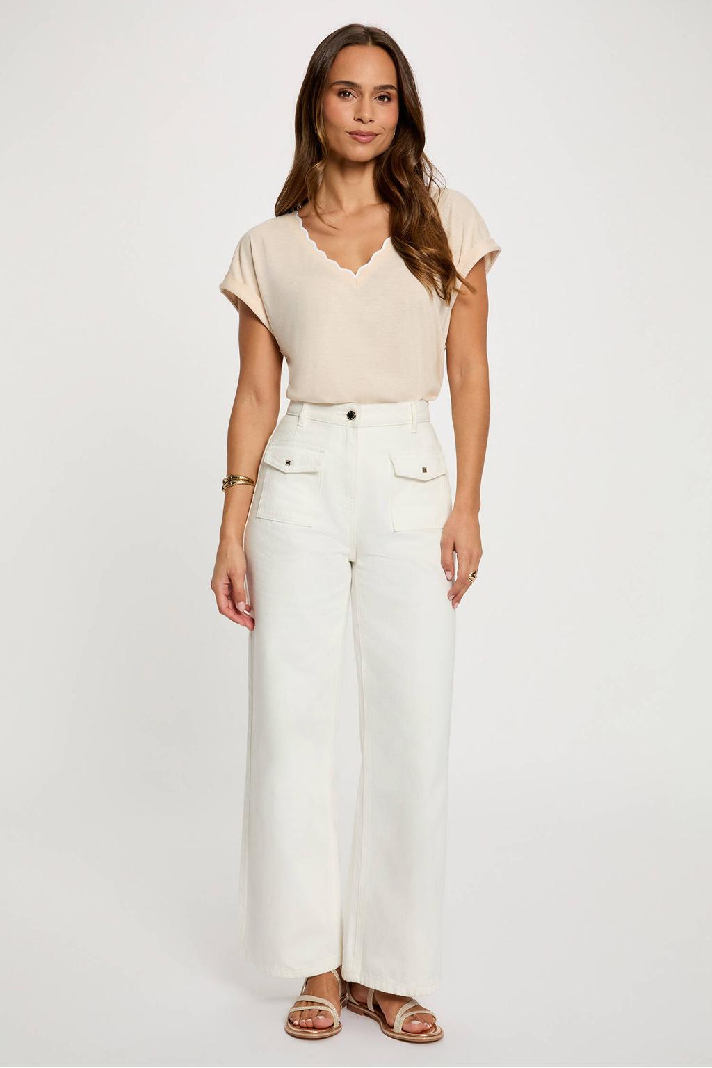 Beige dames Morgan top van polyester met melée print, korte mouwen, V-hals en contrast bies