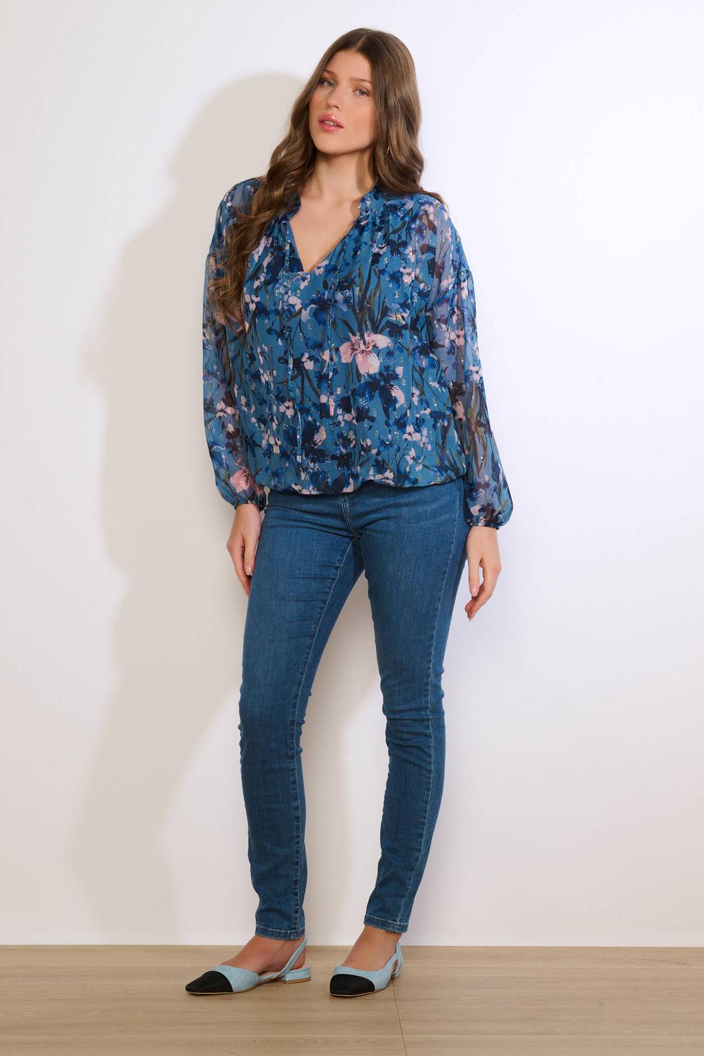 Blauwe dames LOLALIZA top van polyester met bloemenprint, lange mouwen en klassieke kraag