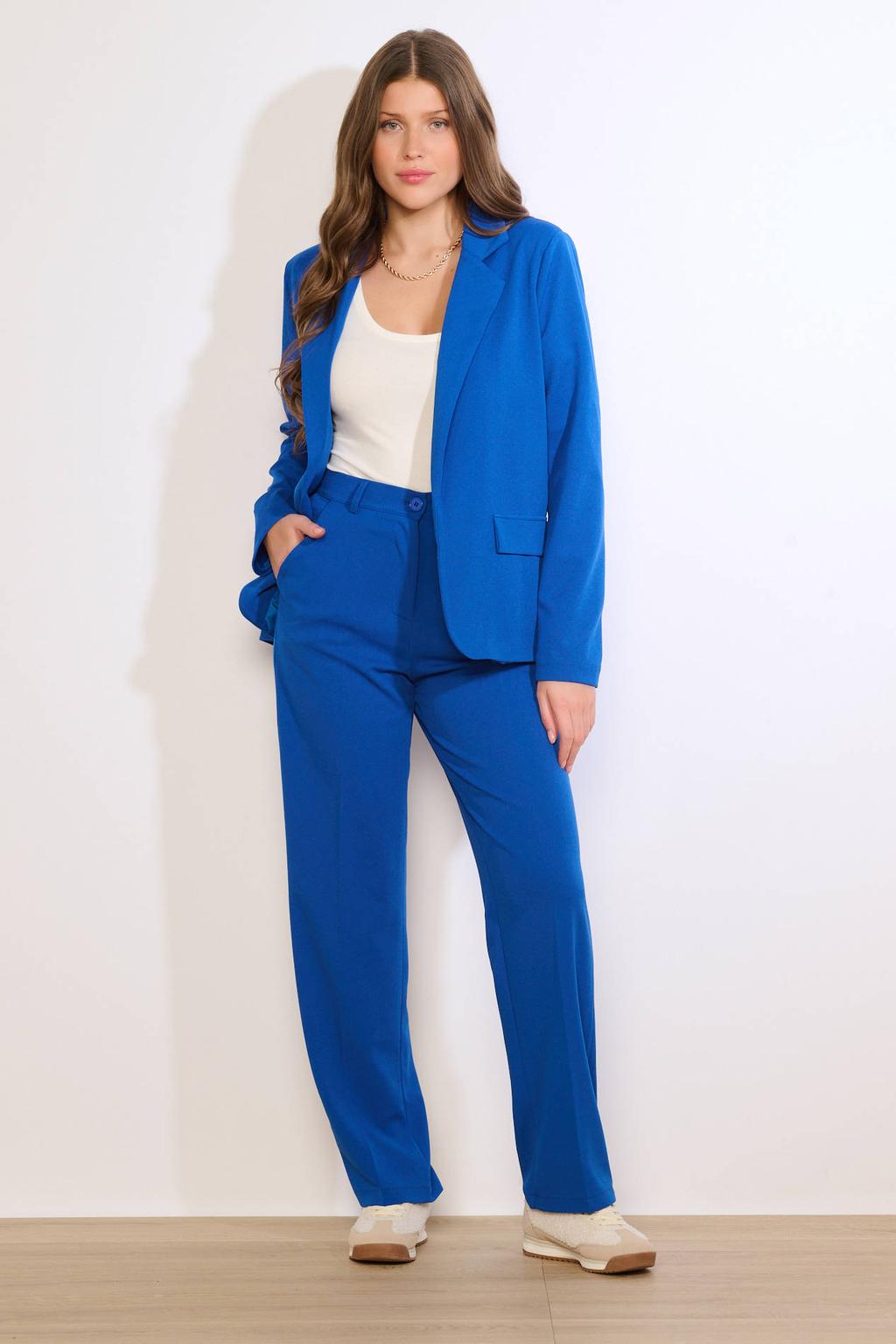 Blauwe dames LOLALIZA blazer van polyester met effen, lange mouwen, reverskraag en knoopsluiting