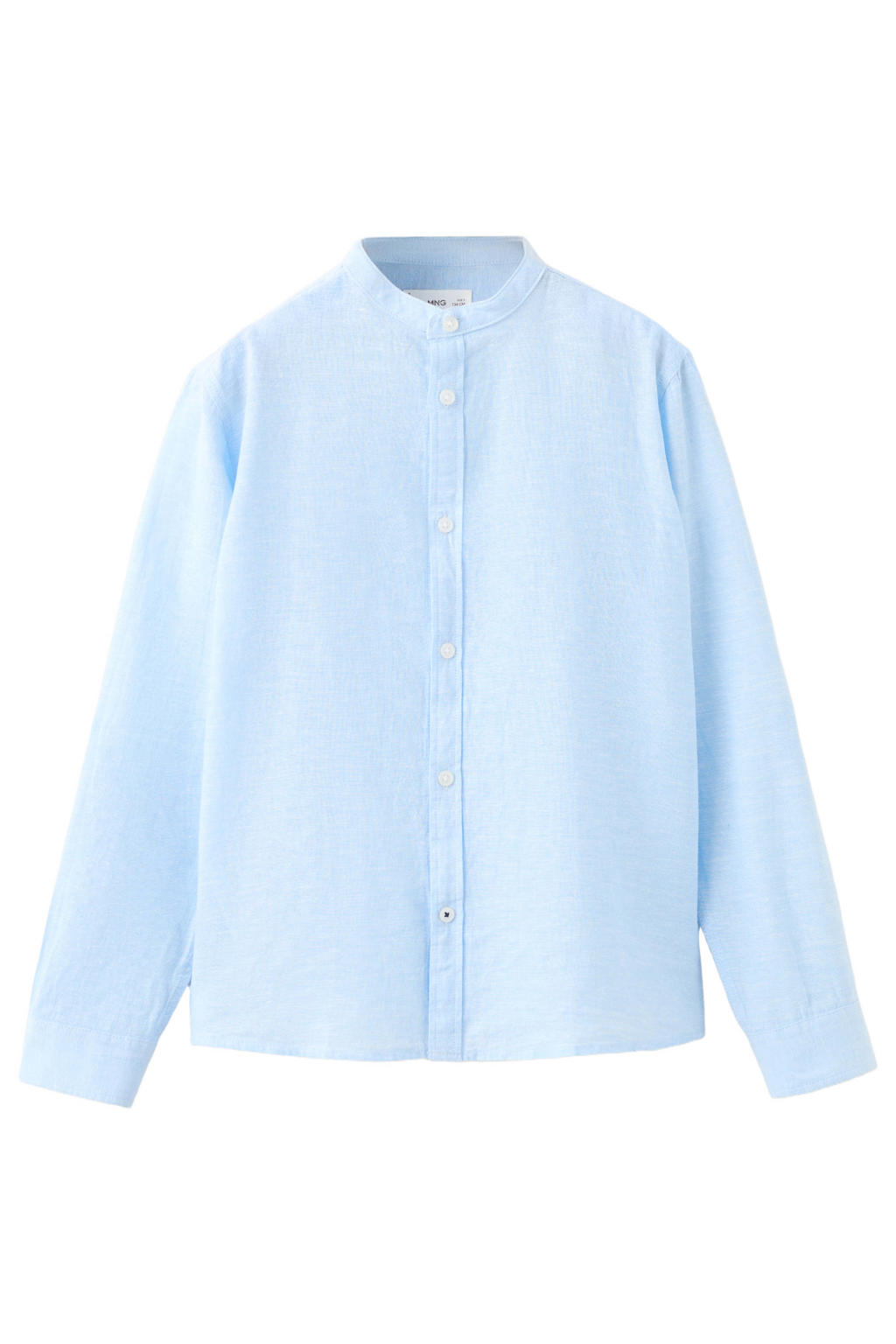 Lichtblauwe jongens Mango Kids linnen overhemd met effen, lange mouwen, ronde hals en knoopsluiting