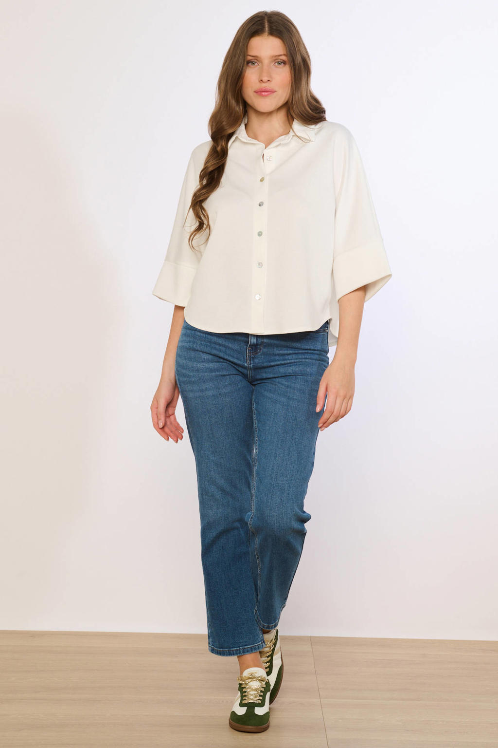 Ecru dames LOLALIZA blouse van polyester met effen, driekwart mouwen, klassieke kraag en knoopsluiting