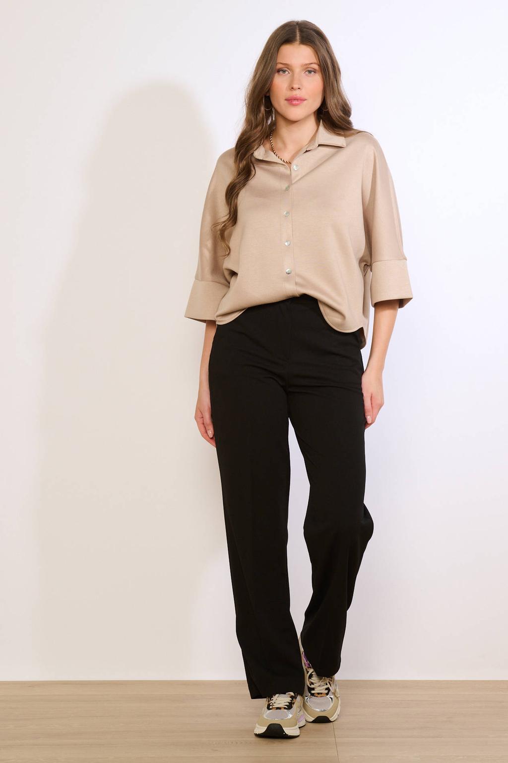 Taupe dames LOLALIZA blouse van polyester met effen, driekwart mouwen, klassieke kraag en knoopsluiting