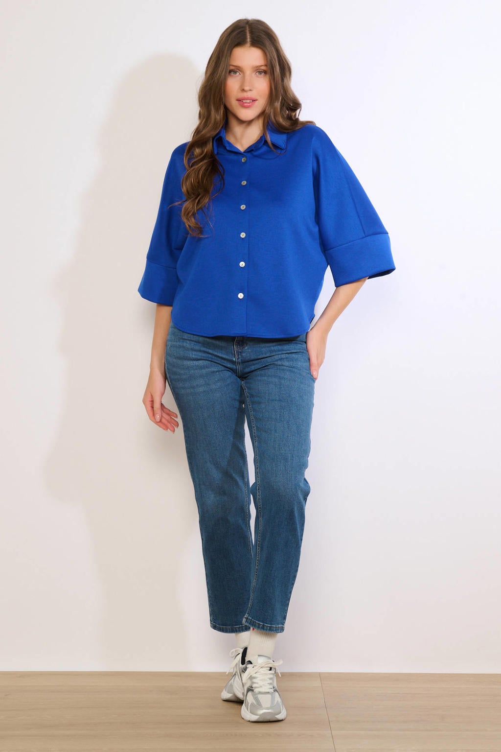 Blauwe dames LOLALIZA blouse van polyester met effen, driekwart mouwen, klassieke kraag en knoopsluiting