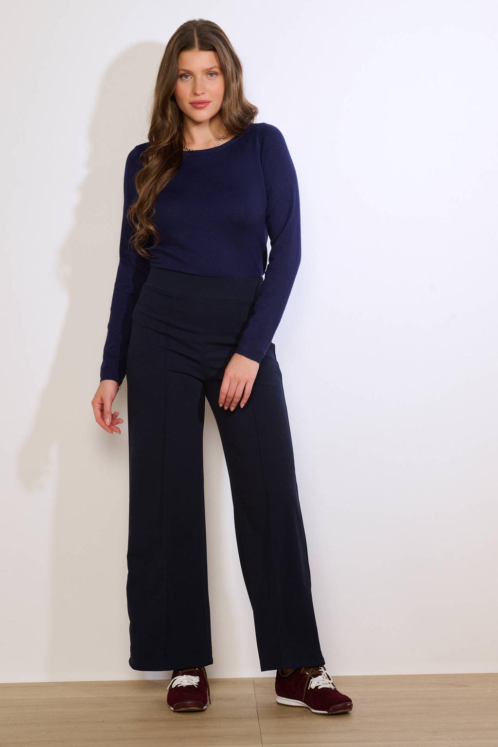 Donkerblauwe dames LOLALIZA wide leg regular waist broek met effen