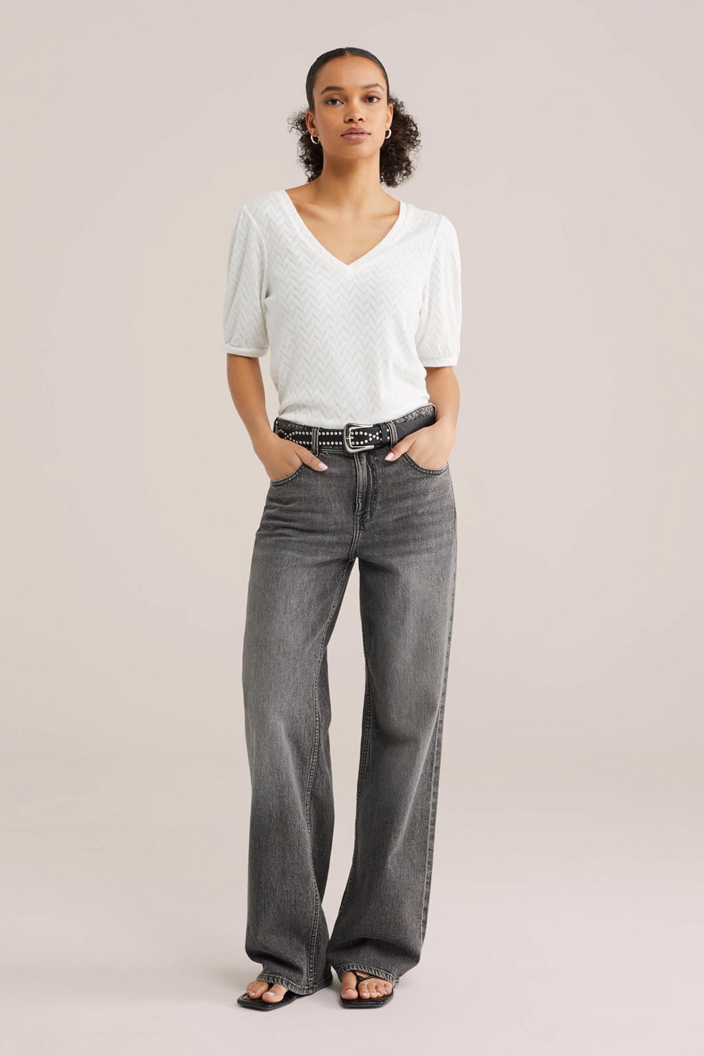 Witte dames WE Fashion T-shirt van polyester met effen, korte mouwen en V-hals