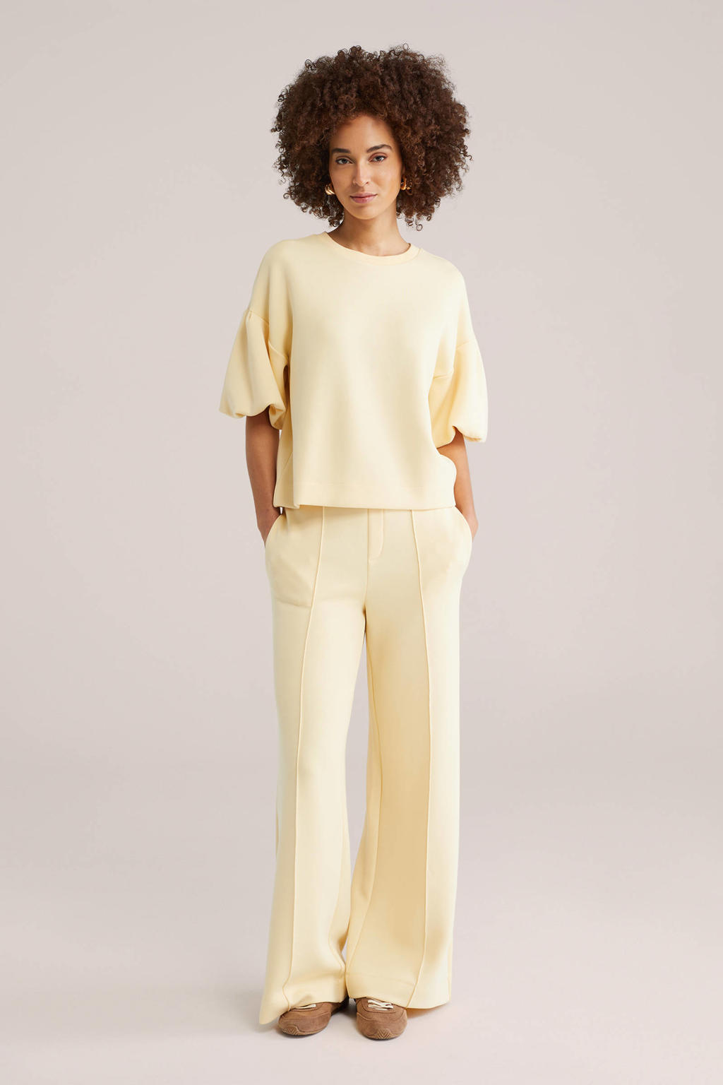 Lichtgele dames WE Fashion sweater van viscose met effen, driekwart mouwen en ronde hals