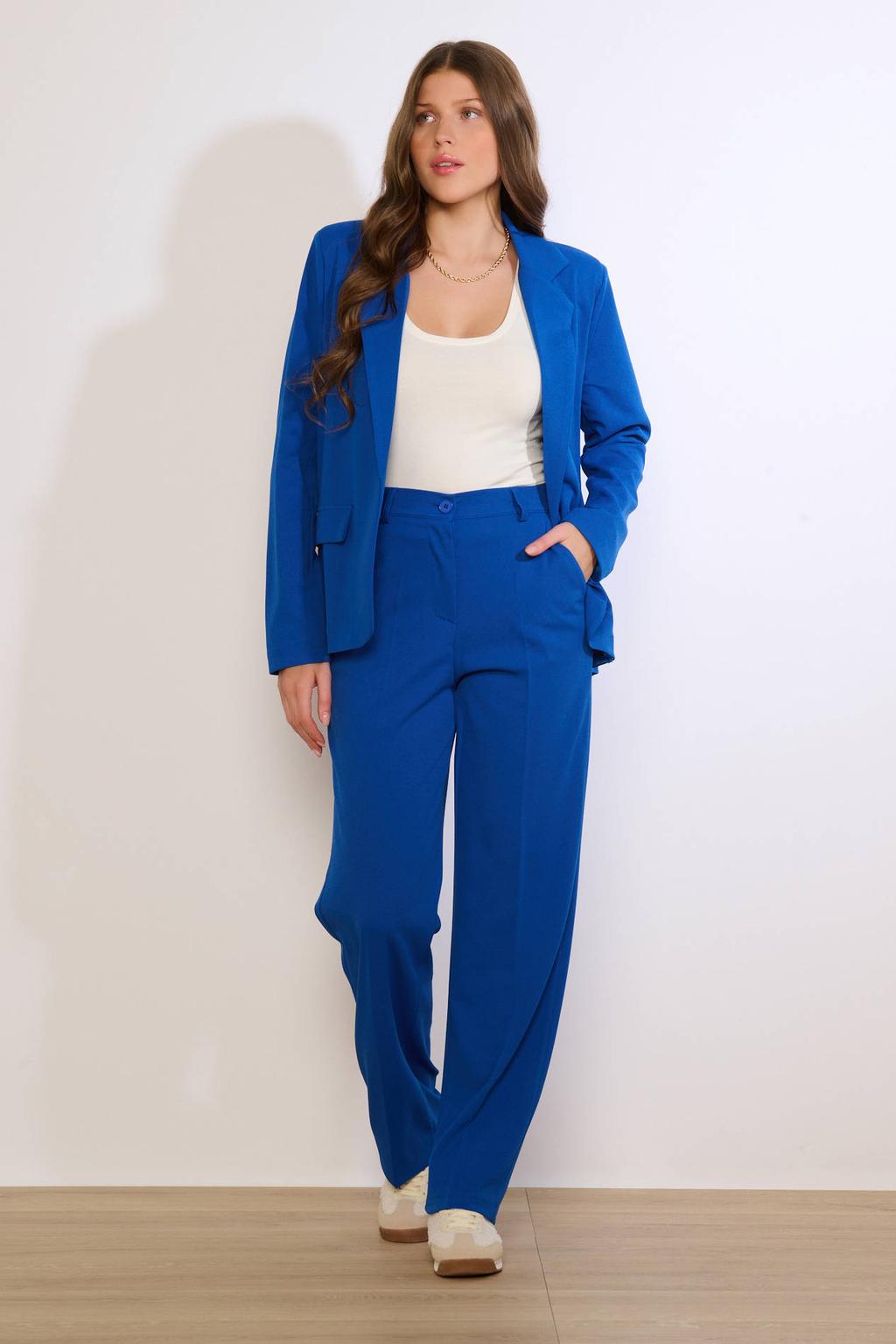 Blauwe dames LOLALIZA straight regular waist broek van polyester met rits- en knoopsluiting en effen
